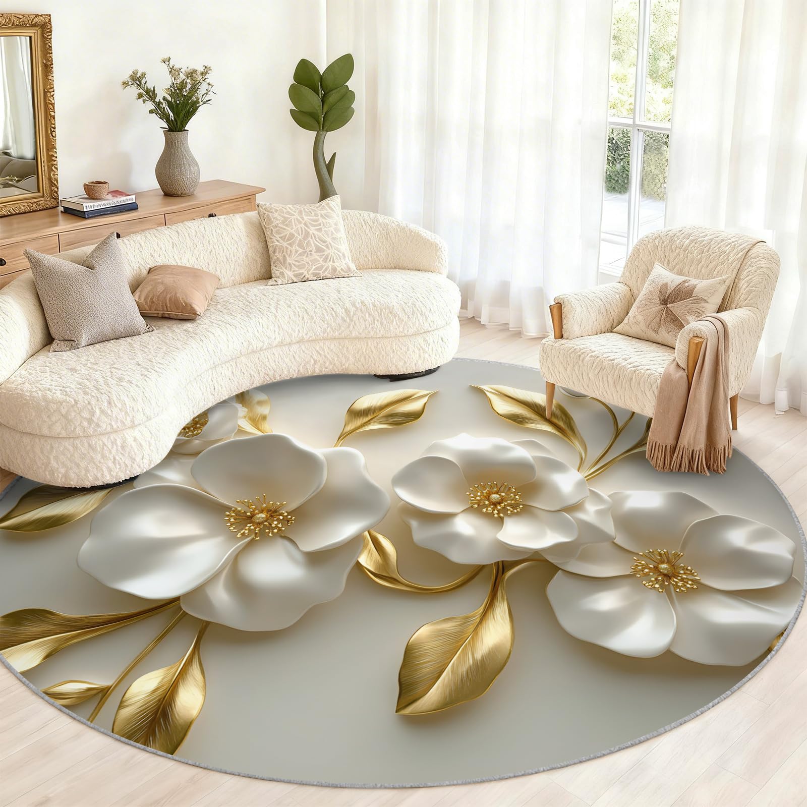 Tapis rond 3D à motif floral blanc doré 90 cm