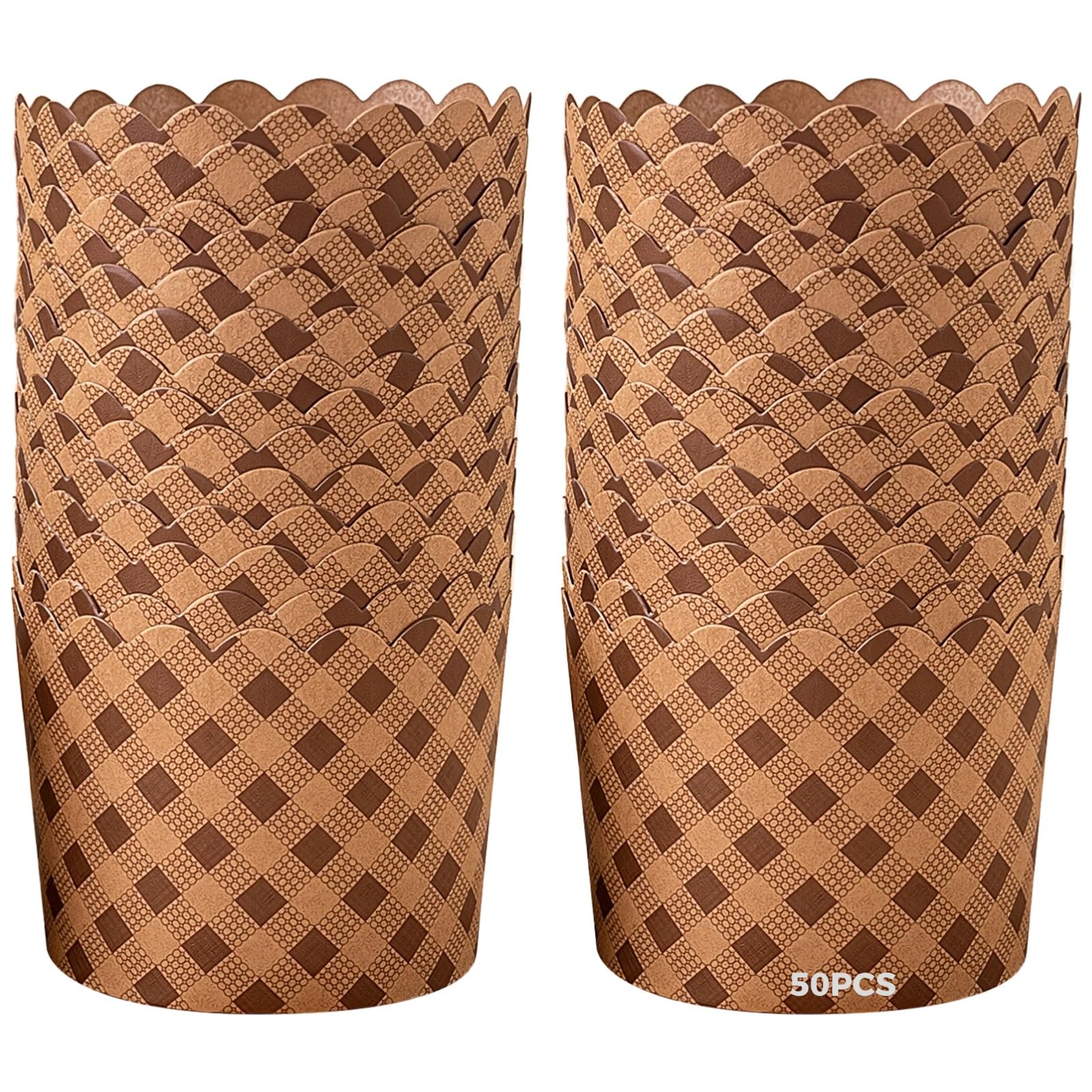 Lot de 50 moules Kulich, moules Panettone en papier, moules à pain de Pâques, formes de cuisson antiadhésives non grasses, papier sûr pour aliments, diamètre 2,7 in (6,8 cm), motif brun tartan