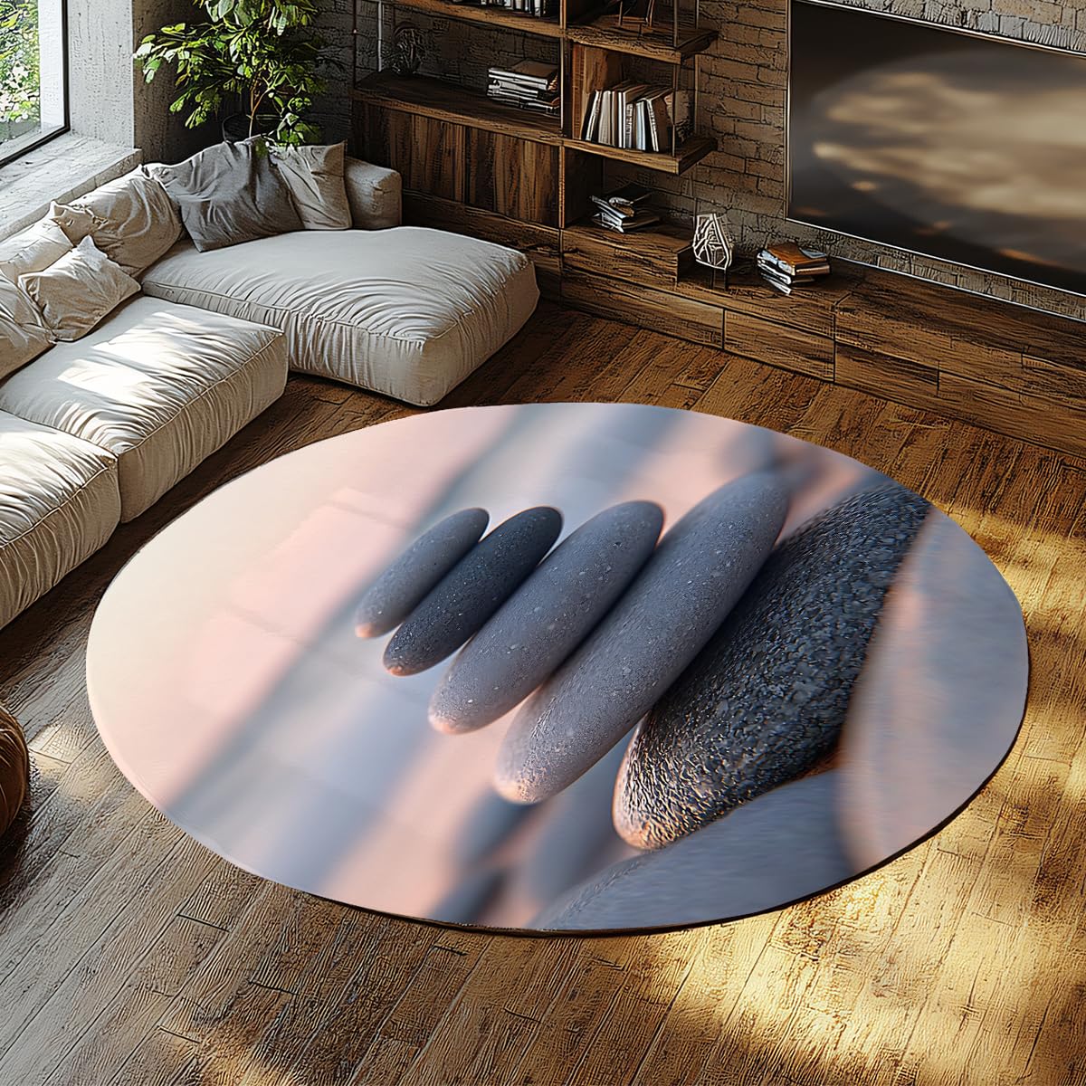 Tapis rond en pierre rugs lavables intérieur design sunset 90cm