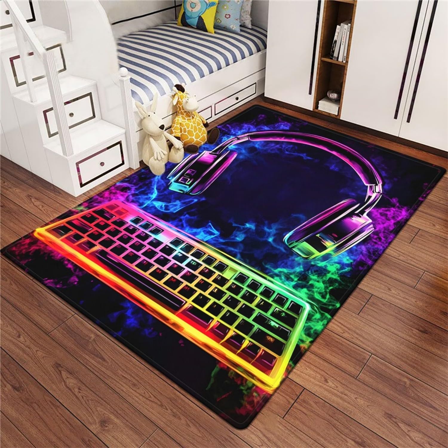 RICAUOU Neon Gamer Area Rug, 60x90cm 3D Keyboard & Headset Carpet for Boys Bedroom, Colourful Gaming Room Floor Mat for Man Cave Playroom, Non-Slip Washable and Easy-To-Clean Floors and Carpets