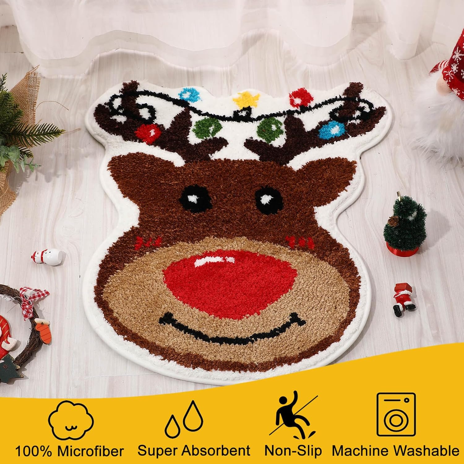 Christmas Reindeer Bathroom Rugs - Brown Xmas Soft Tufted Non-Slip Bath Mat, Absorbent Washable Shower Rug, Winter Holiday Decor for Living Room, Bedroom, Kitchen, Powder Room
