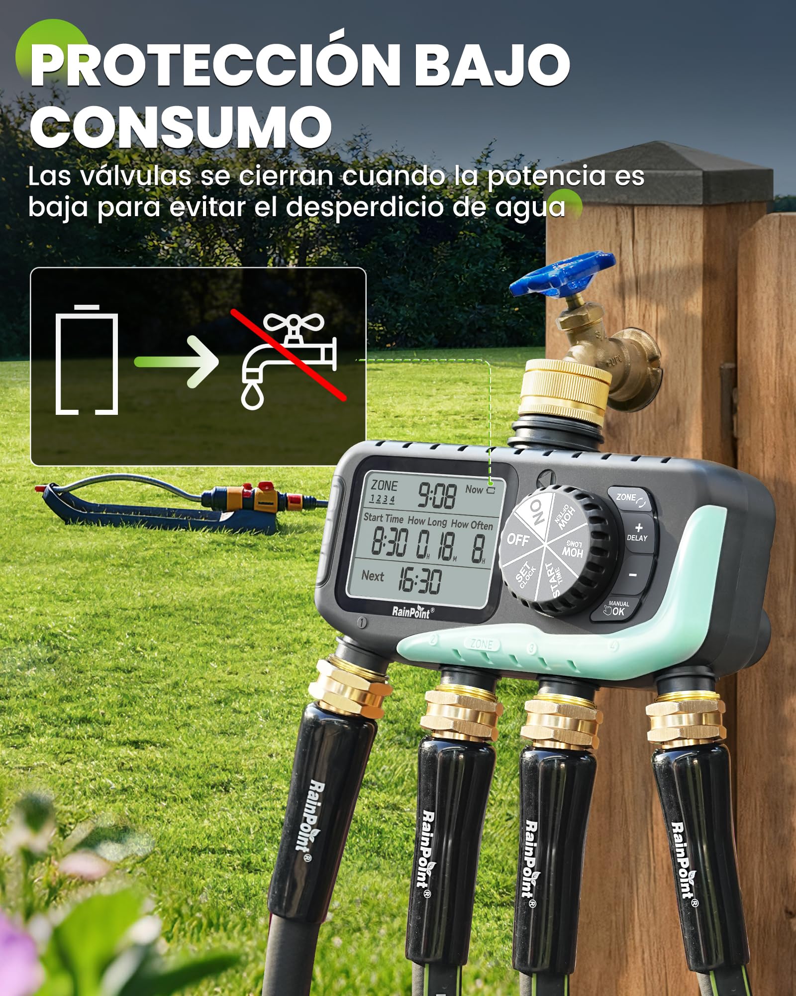 RAINPOINT Programador Riego 4 Salidas, Entrada y Salida de Latón, Impermeable IP65, Temporizador de Riego Automático con Retardo de Lluvia/Riego Manual, para Invernadero, Césped y Jardín