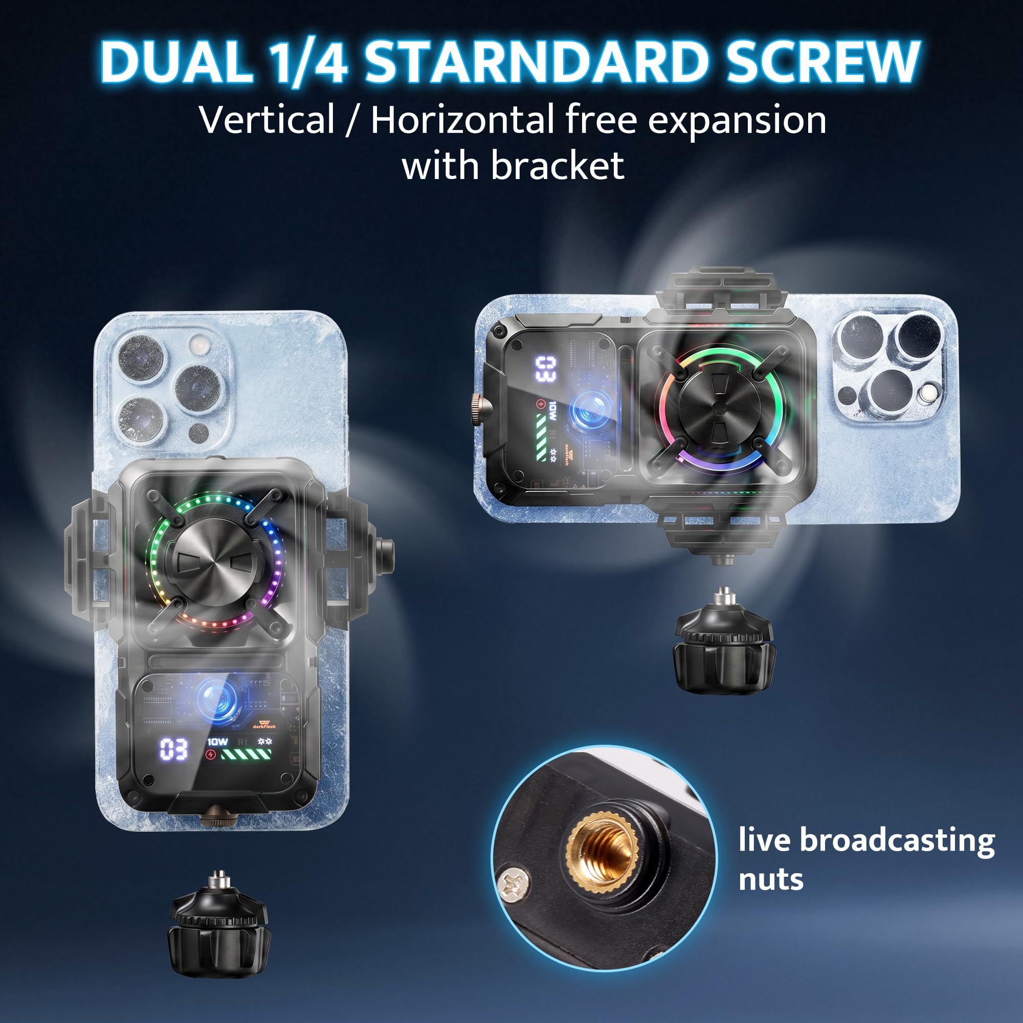 darkFlash Raffreddamento per smartphone da gioco, 2000 mAh, raffreddamento rapido ricaricabile con luce RGB, temperatura e visualizzazione batteria, design universale a clip a scatto, con supporto
