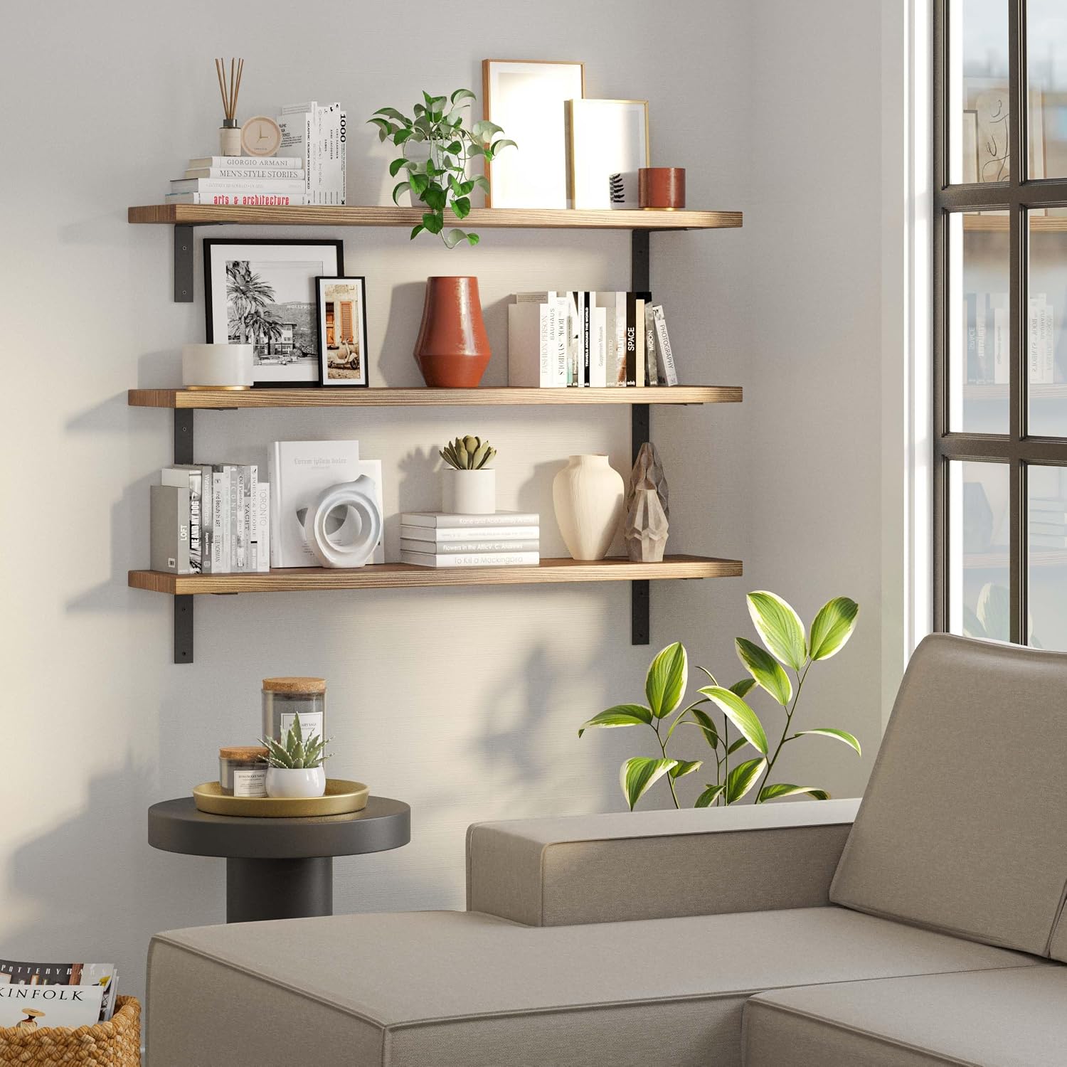 Wallniture Cervo 48 inch Long, 10" Deep and 1" Thick Wooden Wall Shelf with Heavy Duty Metal Brackets, Rustic Floating Shelves, Burnt, Wood