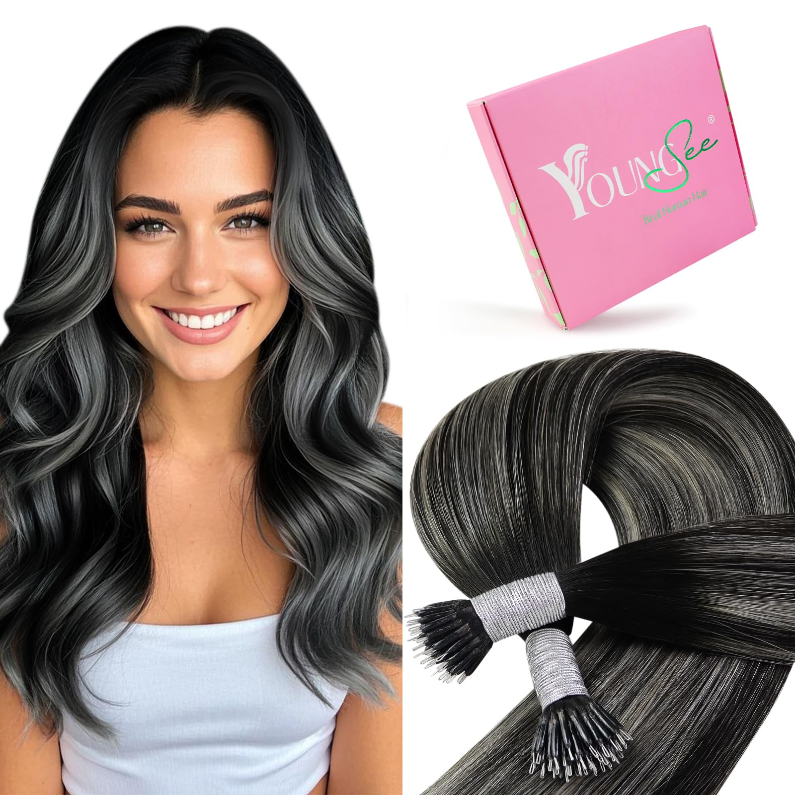 YoungSee Nano Beads Hair Extensions Blonde 14inch Nano Hair Extensions Warm Ash Blonde Highlights Bleach Blonde Nano Ring Hair Extension Highlight for Women Cold Fusion 50g Short Straight 50s — view 50