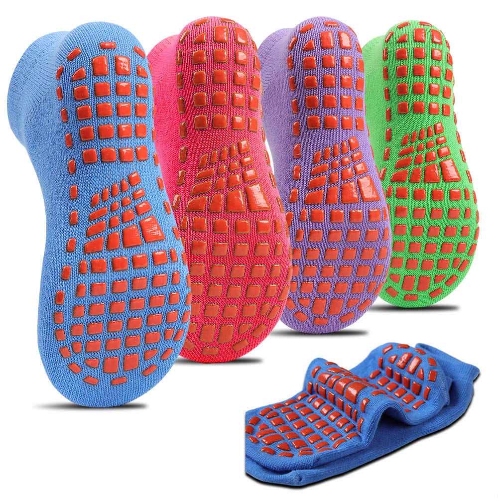 HOME RIGHT Non-slip Indoor Trampoline Socks,Sticky Grip floor Anti-Skid Socks Yoga Rubber Bottom Breathable Cotton Socks 4Pairs
