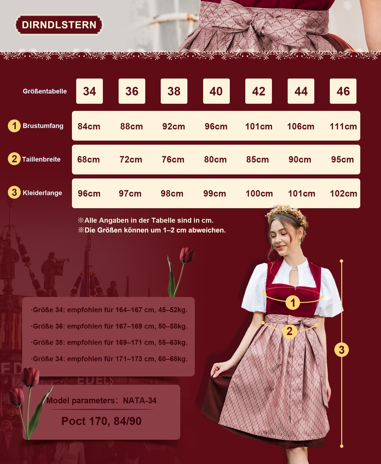 DIRNDLSTERN Damen Midi Rot - Elegantes Trachtenkleid Samt Plissee Schürze Perfekt für Oktoberfest
