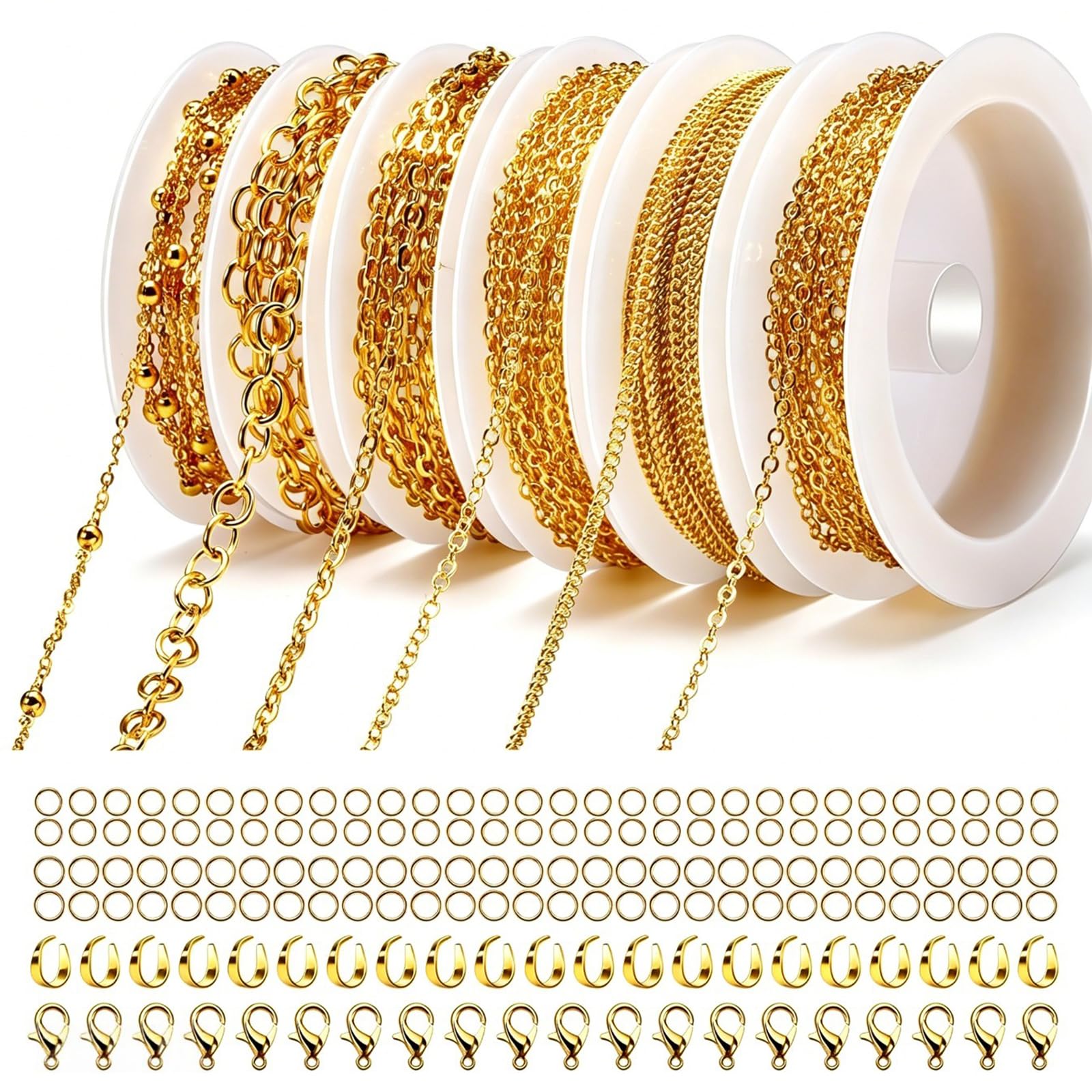 LZYDKH 6 Roll Gold Chain, 46 ft Chain for Jewellery Making Kit DIY Craft Supplies Chain with Lobster Clasps Jump Ring and U Rings for DIY Jewellery Making