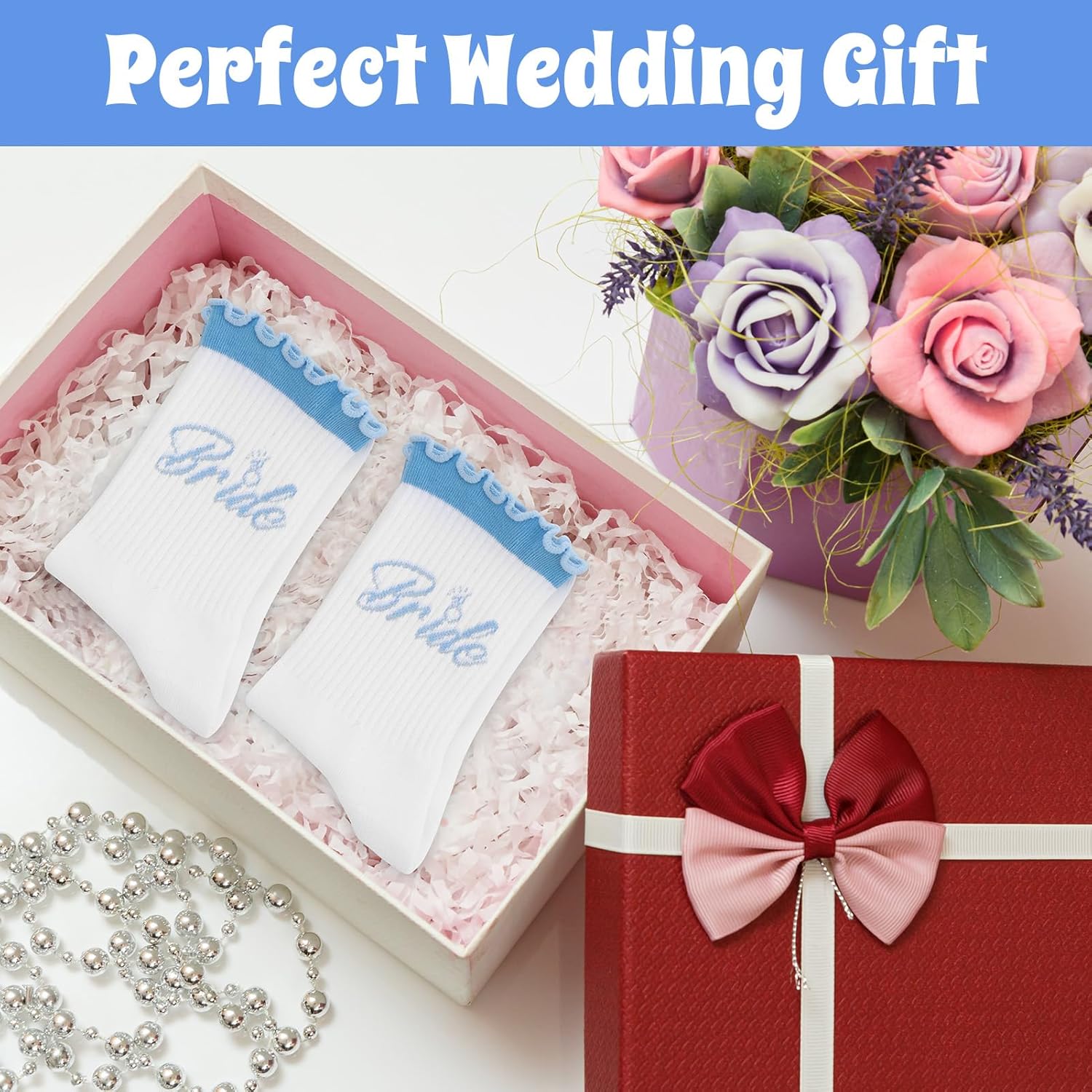 2 Pairs Bride Socks for Women, Bride To Be Something Blue Gift Cute Soft Cotton Bridal Ruffle Socks Bachelorette Party Accessories Wedding Day Bridal Footwear Gift - Image 6