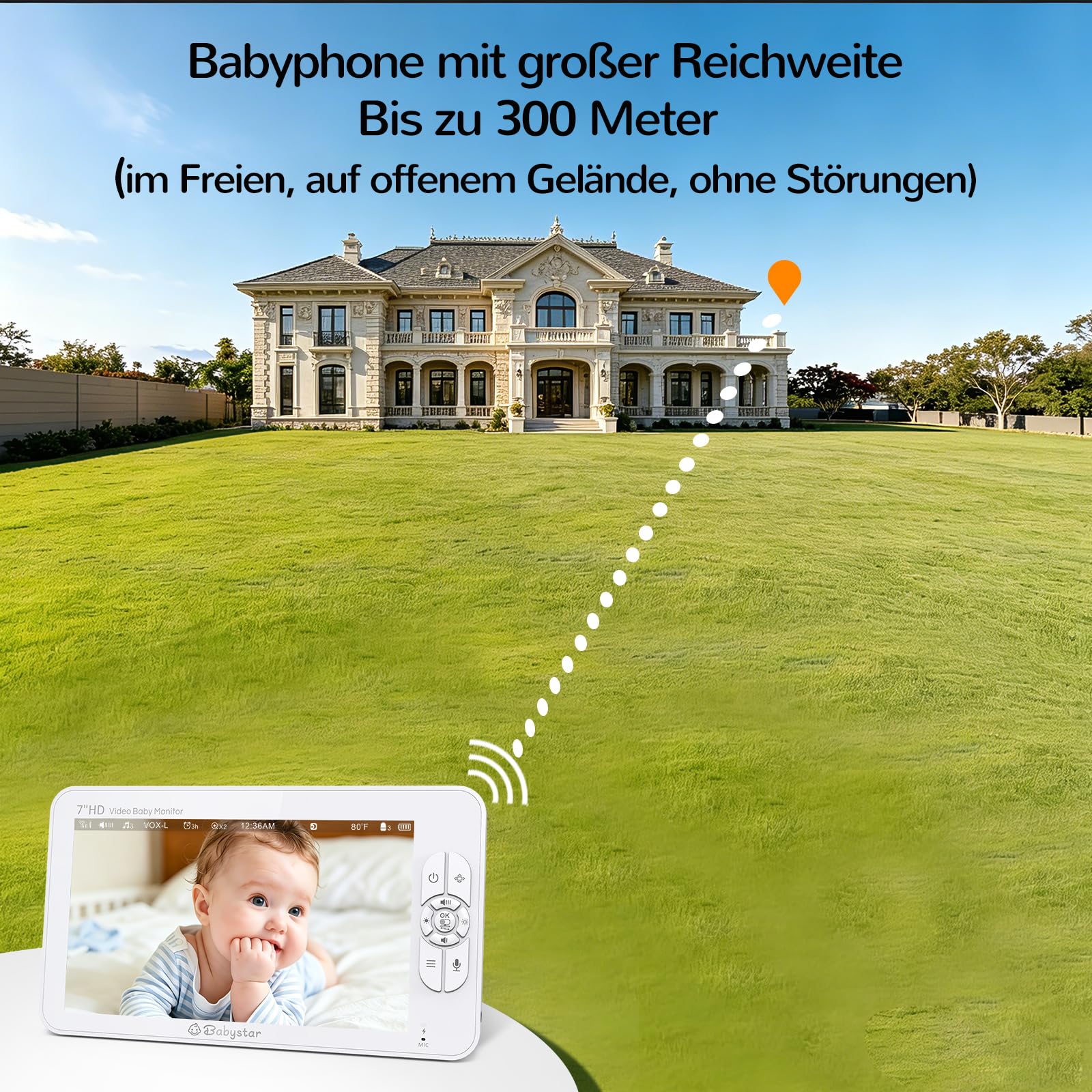 Babystar Babyphone mit Kamera 7 Zoll 1080P HD Video Babyphone ohne WLAN mit Kamera und Audio, Infrarot Nachtsicht, Zwei-Wege-Audio-und VOX-Modu, 4000 mAh Akku, Temperatur, 300M Reichweite