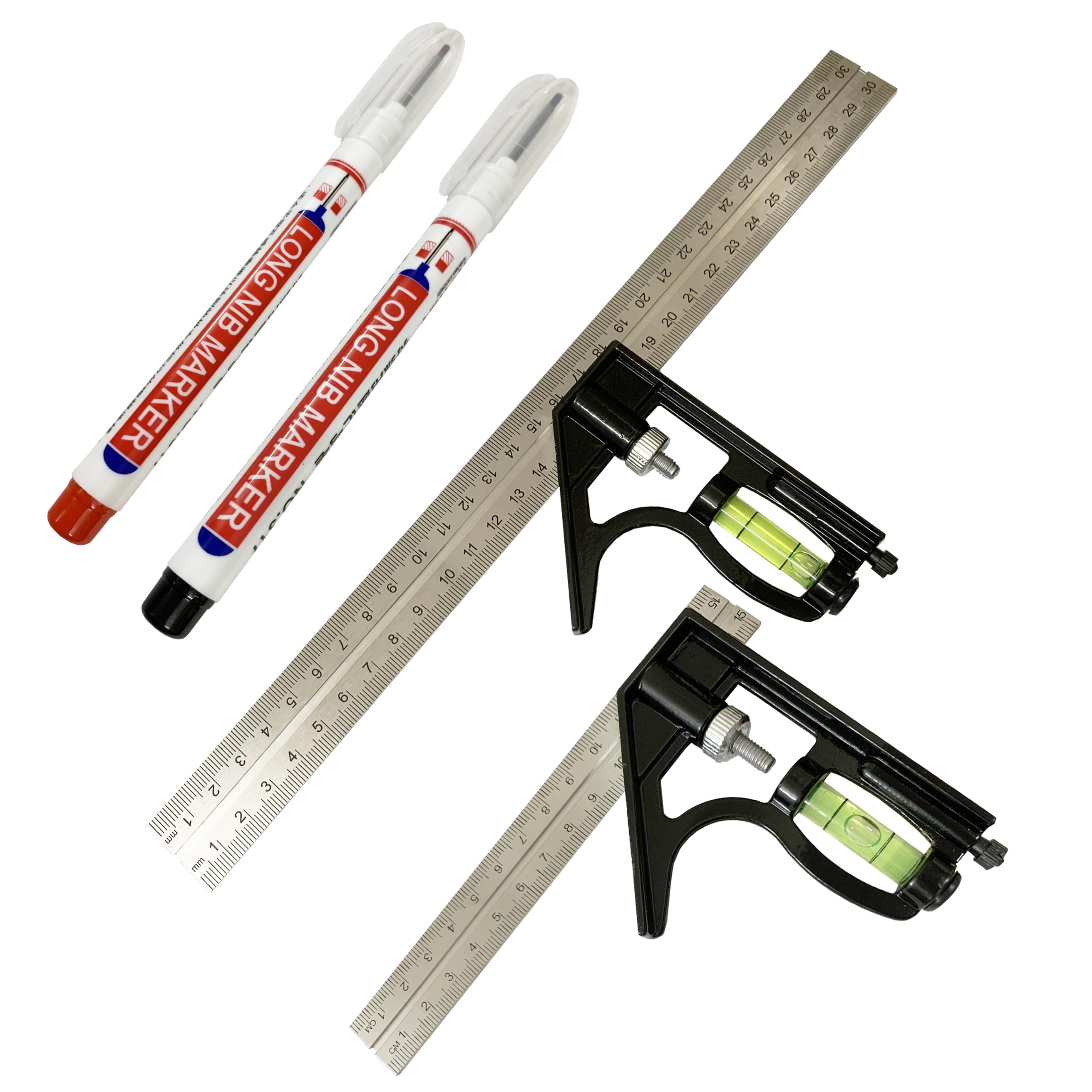 4-piece woodworking set, 150mm and 300mm adjustable combination square tool, with level and marking needle, two deep-hole markers, 45/90-degree multi-angle ruler for precise measurement.