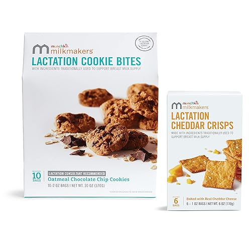 Munchkin Milkmakers - Paquete de 10 bocados de galletas de lactancia, chispas de chocolate de avena y 6 patatas fritas de lactancia, cheddar