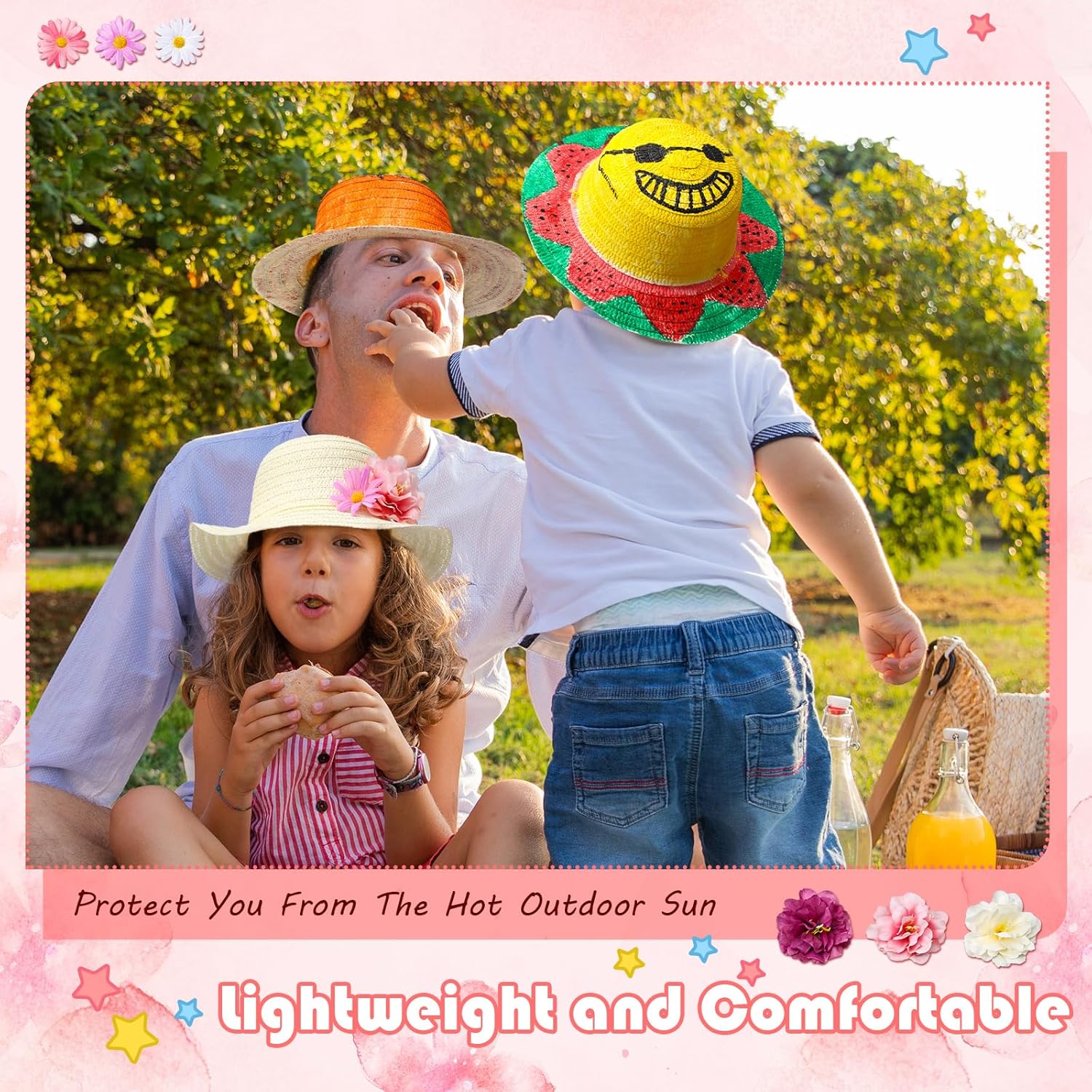 Mepase 70 Pcs DIY Cowboy Kids Hat Set with Flowers - 10 Straw Hats, 60 Artificial Flowers for Tea Party and Dress Up