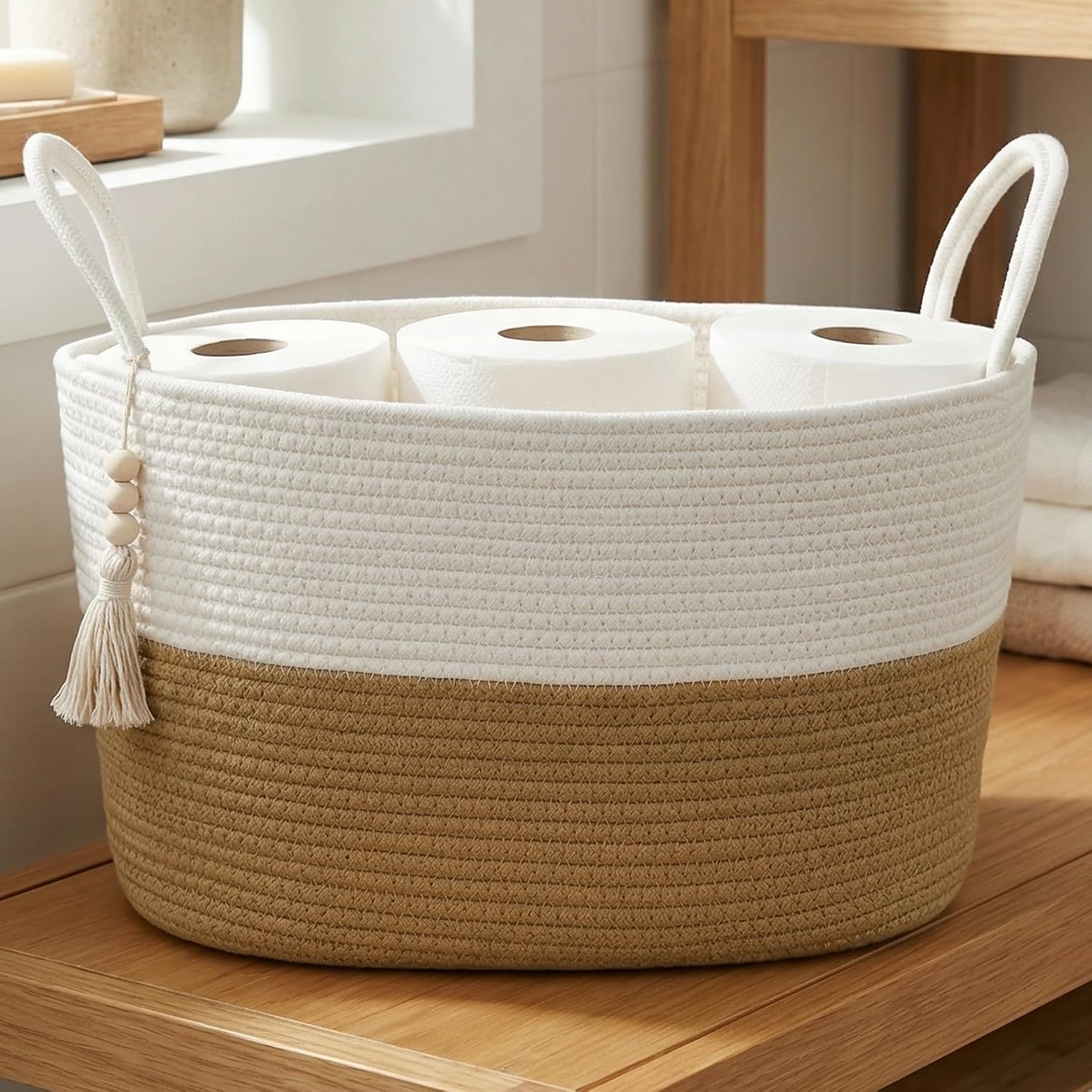 NiHome Toilet Paper Basket, Foldable Boho Cotton Rope Bathroom Organizer