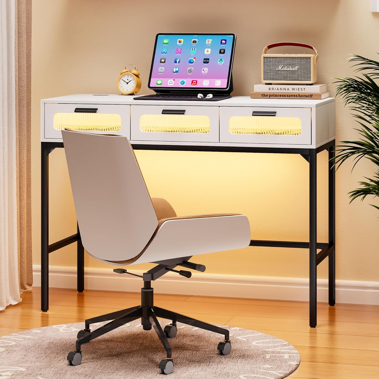 Gurexl 3 in 1 Vanity Desk with Lights and Mirror,LED Makeup Vanity Set with 2 AC Outlets & USB-C,Tall Dressing Table with Flip-up Mirror,Jewelry Box,Cushioned Tool,2 Drawer,White