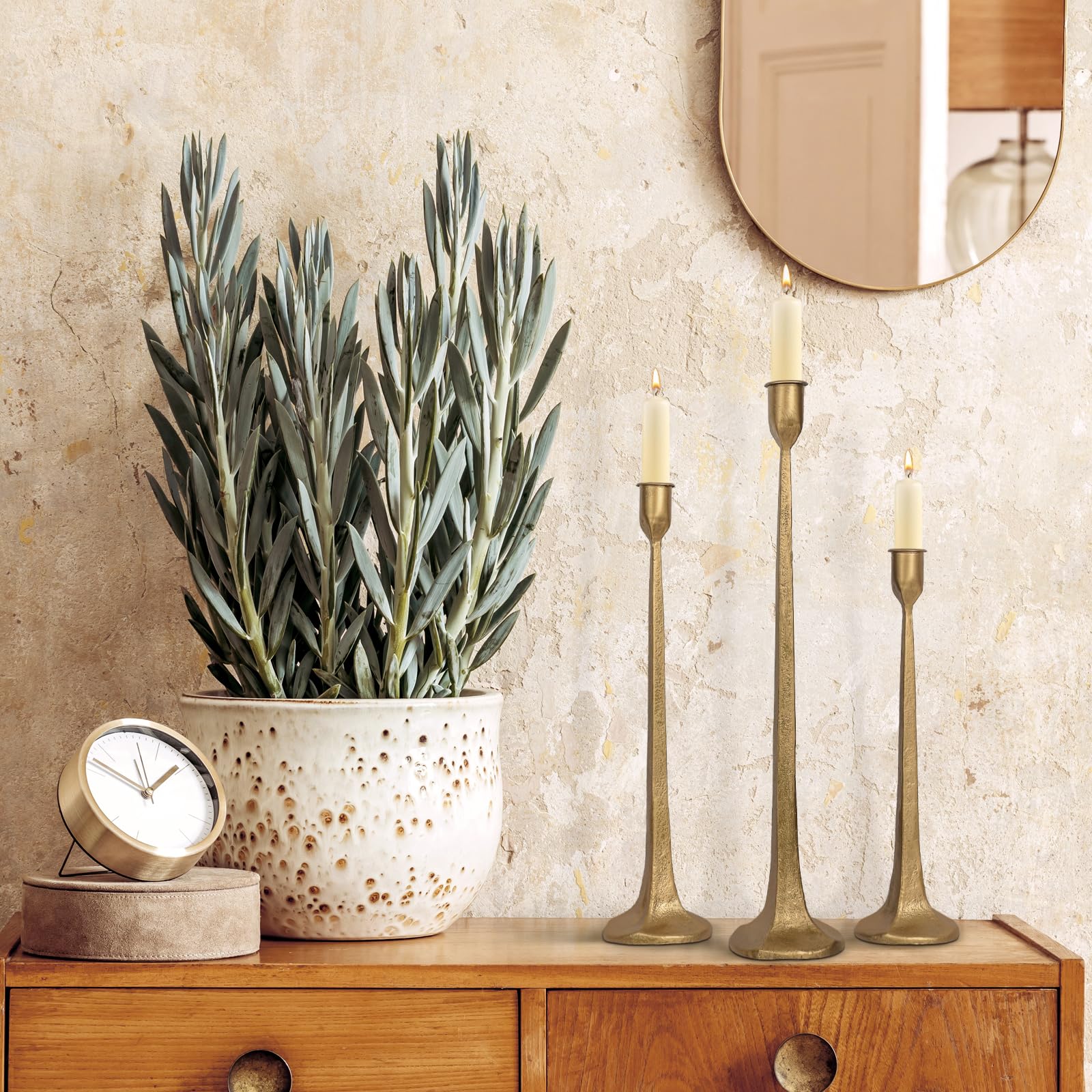 Set di 3 portacandele in ferro, alti e decorativi, per matrimoni, tavolo da pranzo, decorazioni per feste (ottone anticato)