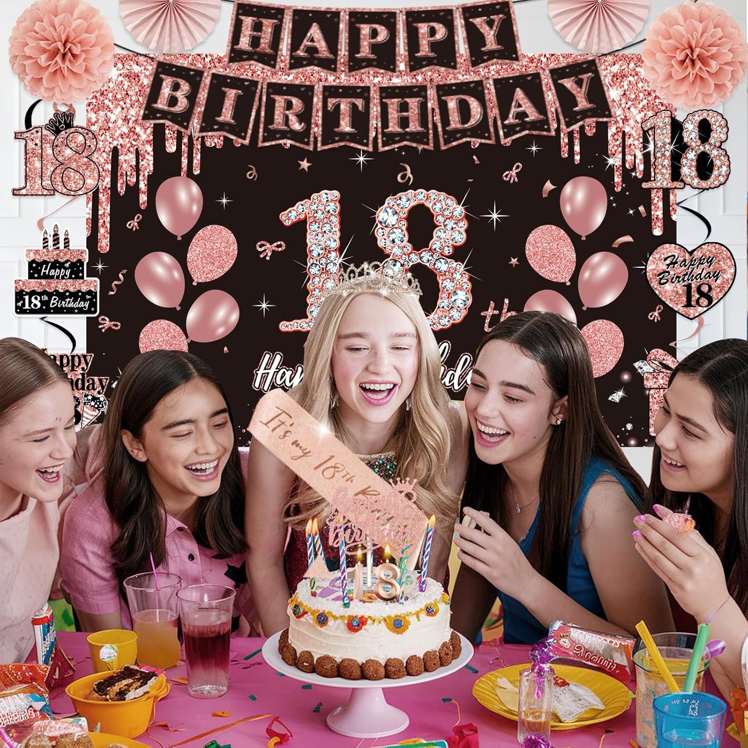 18th Birthday Decorations for Girls,52Pcs PRE-STRUNG Rose Gold Black Party Set-18 Years Old Crown and Sash,Banner,Hanging Swirl,Backdrop Decor,CakeTopper,Age Candle, Balloons, Pom Poms,PRE-ASSEMBLED - Image 7