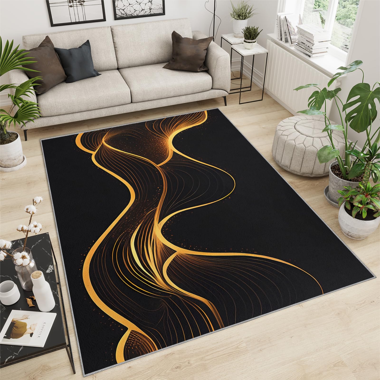 QDJKBL Area Rug 100 X 150 Cm Golden Yellow Curved Stripes, Abstract Mesh Silk Lines On Black Background Rugs for Bedroom, Non-Slip Carpet With Non-Slip Backing for Dining Room