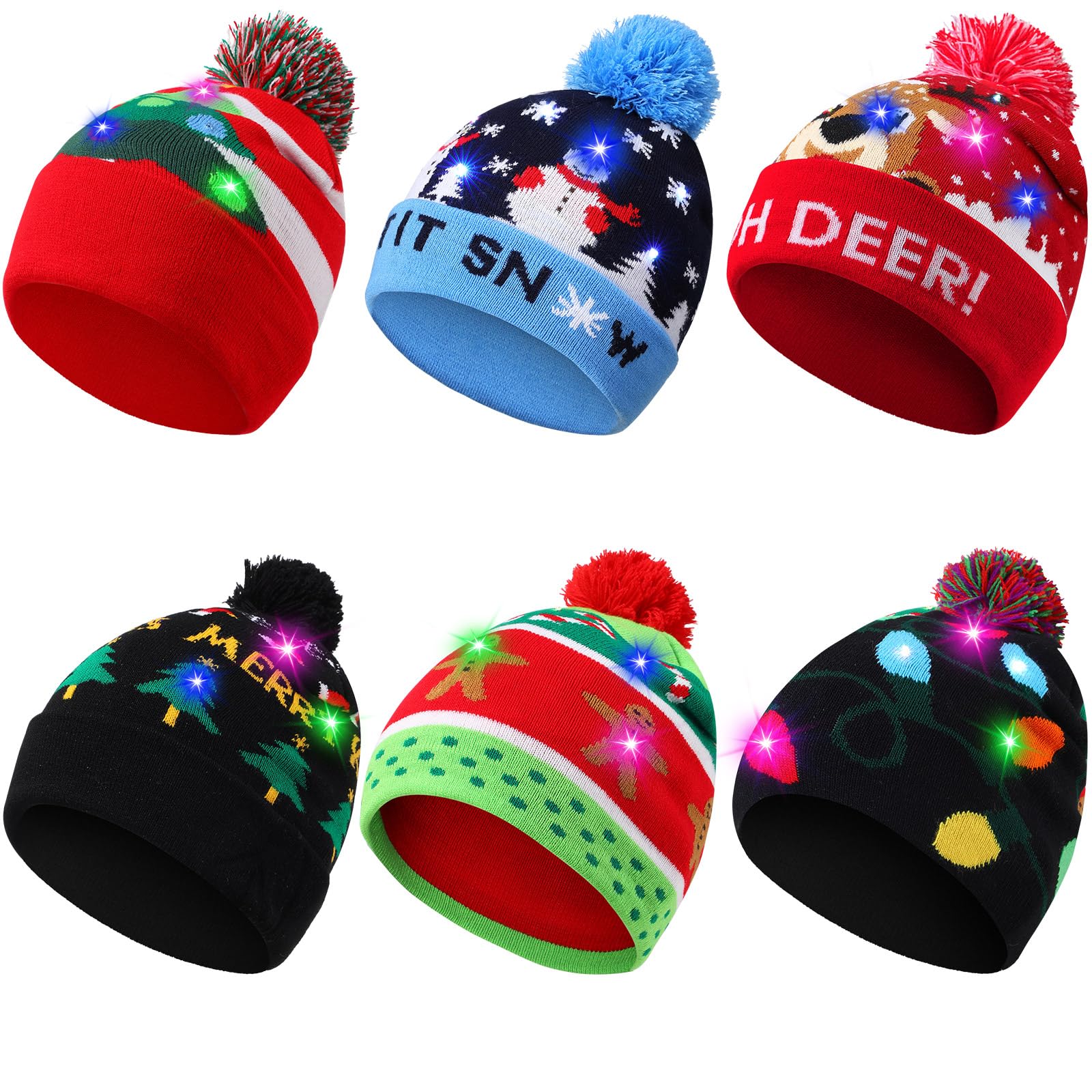 Lot de 6 chapeaux de Noël lumineux lumineux à LED pour femmes et hommes adultes non sexes hiver moche pull