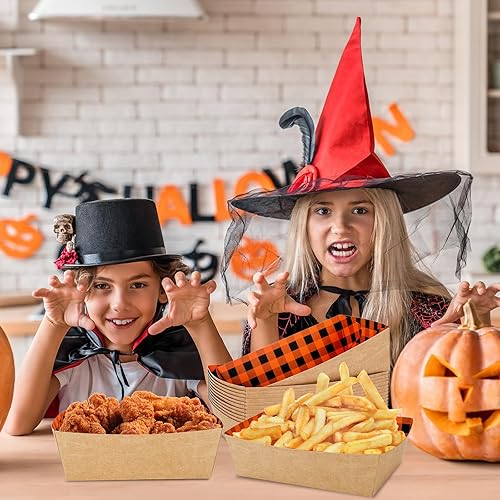 Miniatura 7 de Whaline 50 bandejas de papel de Halloween para comida de papel a cuadros negros y naranjas, botes de comida con guantes de plástico, bandejas
