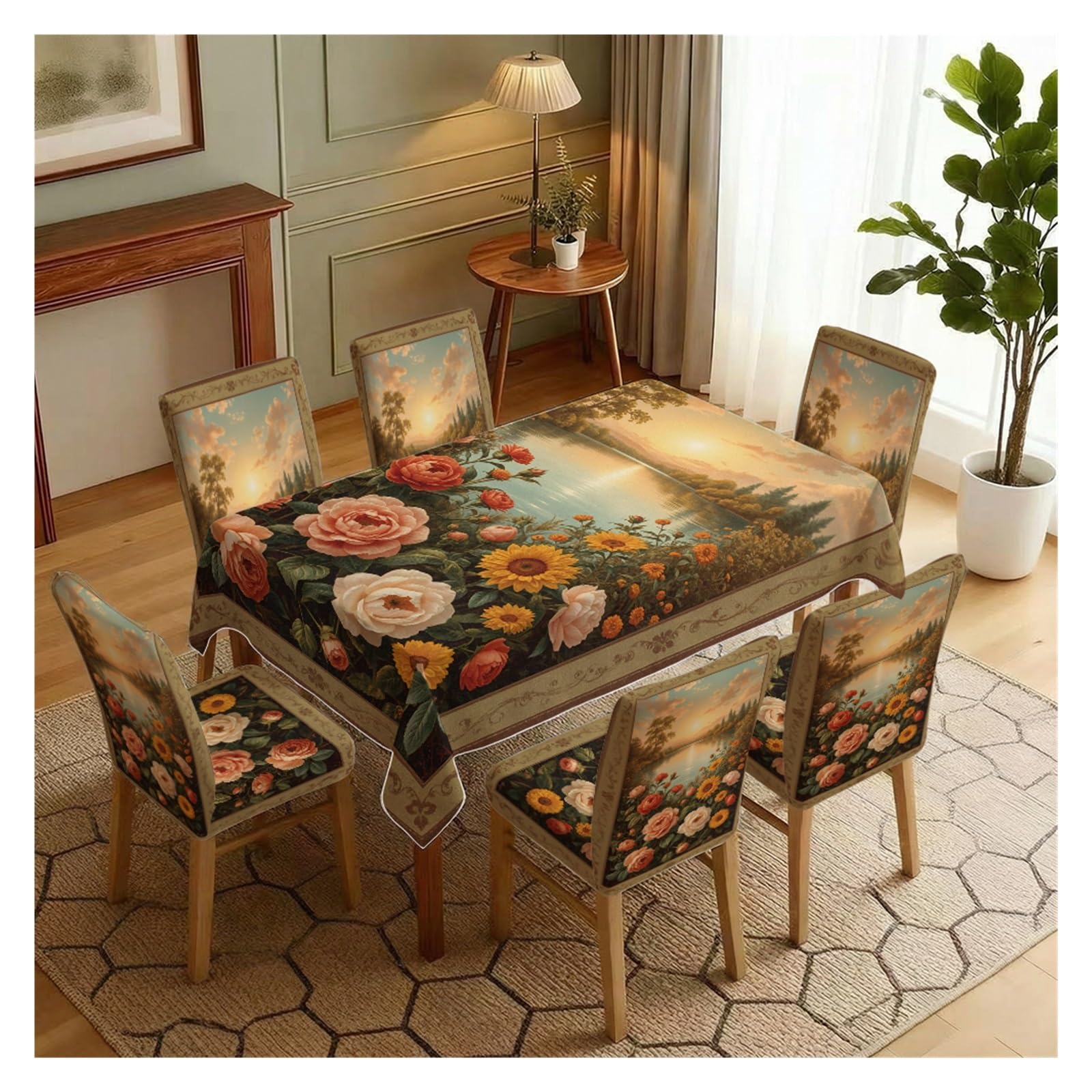 KXUAUV Vintage Landscape & Floral Print Stretch Dining Chair Covers & Tablecloth Set, 5/7 Pack Party Decor(7pcs Set: Tablecloth+Chair Covers)