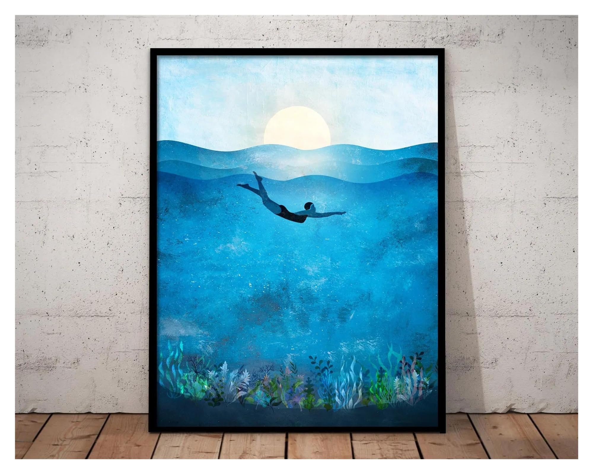 Impression sur toile océan bleu paysage marin moderne avec baleines et vagues de surf