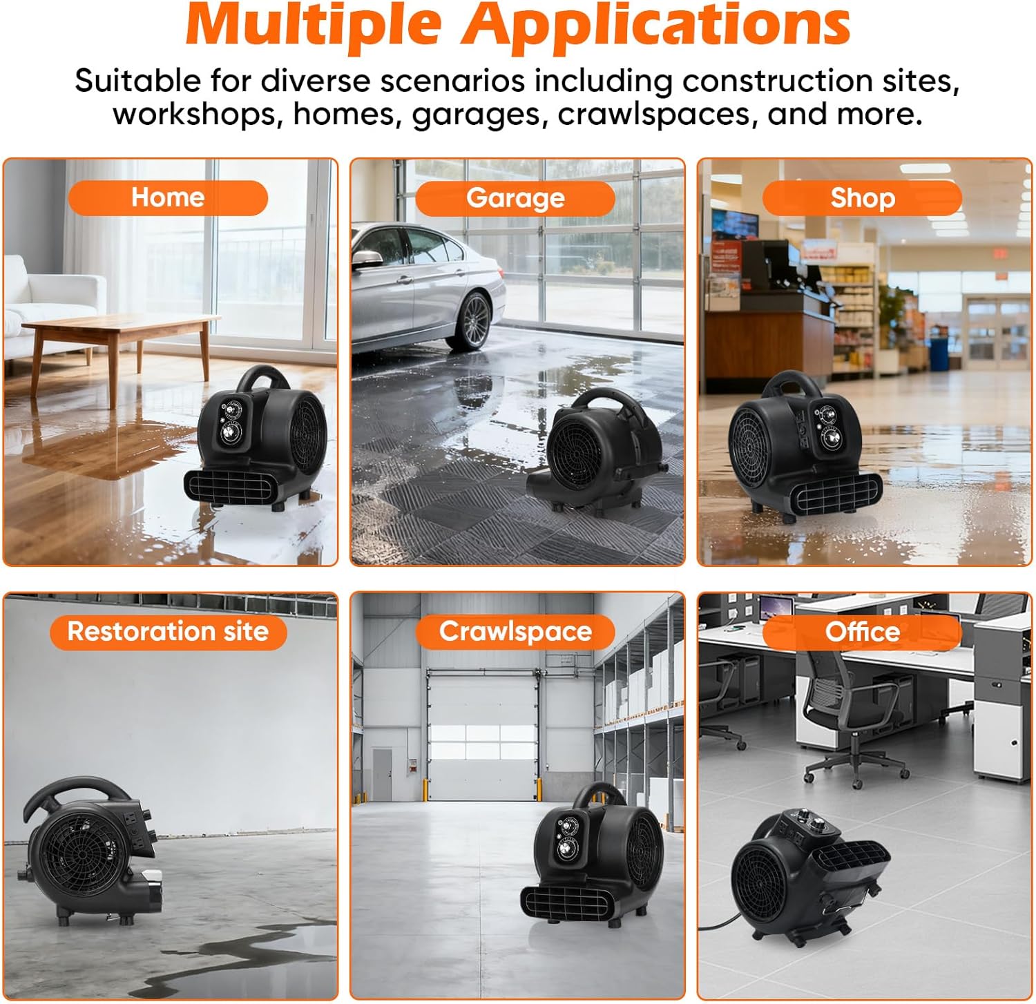 JVO 1/3HP Air Mover Blower Fan, 2000CFM High Velocity Floor Fan with 3-Speed, 180Min Timer, 10FT Power Cord, 10LBS Lightweight & Stackable Design for Carpet Drying, Home, Commercial Ventilation
