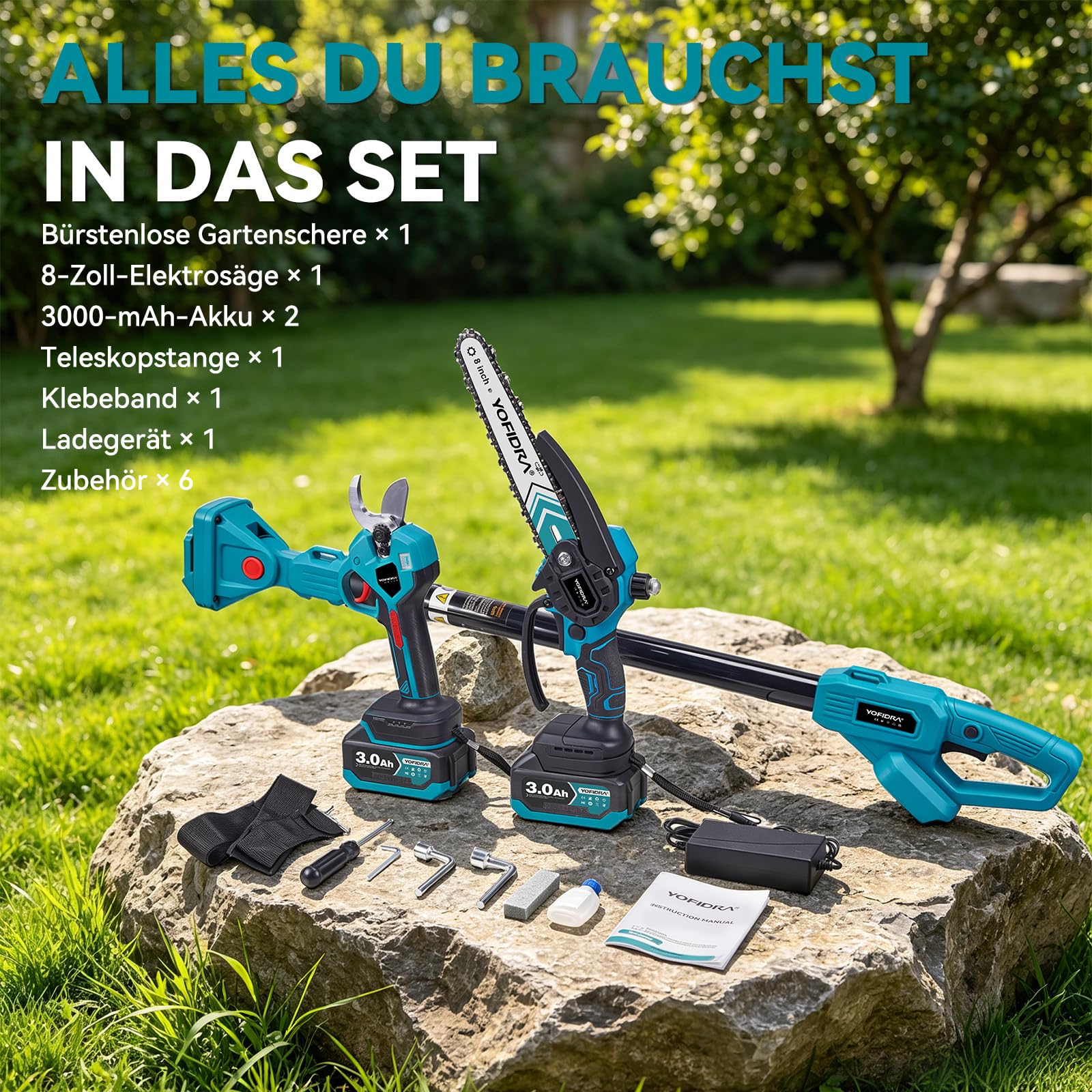 Yofidra 8 Zoll Elektrische Kettensäge mit Teleskopstange & 30mm Elektrische Astschere, Hochentaster Akku mit 2x3000mAh Akkus, 4-in-1 Gartenwerkzeug Set, Max. Reichweite bis 4,2m, blau