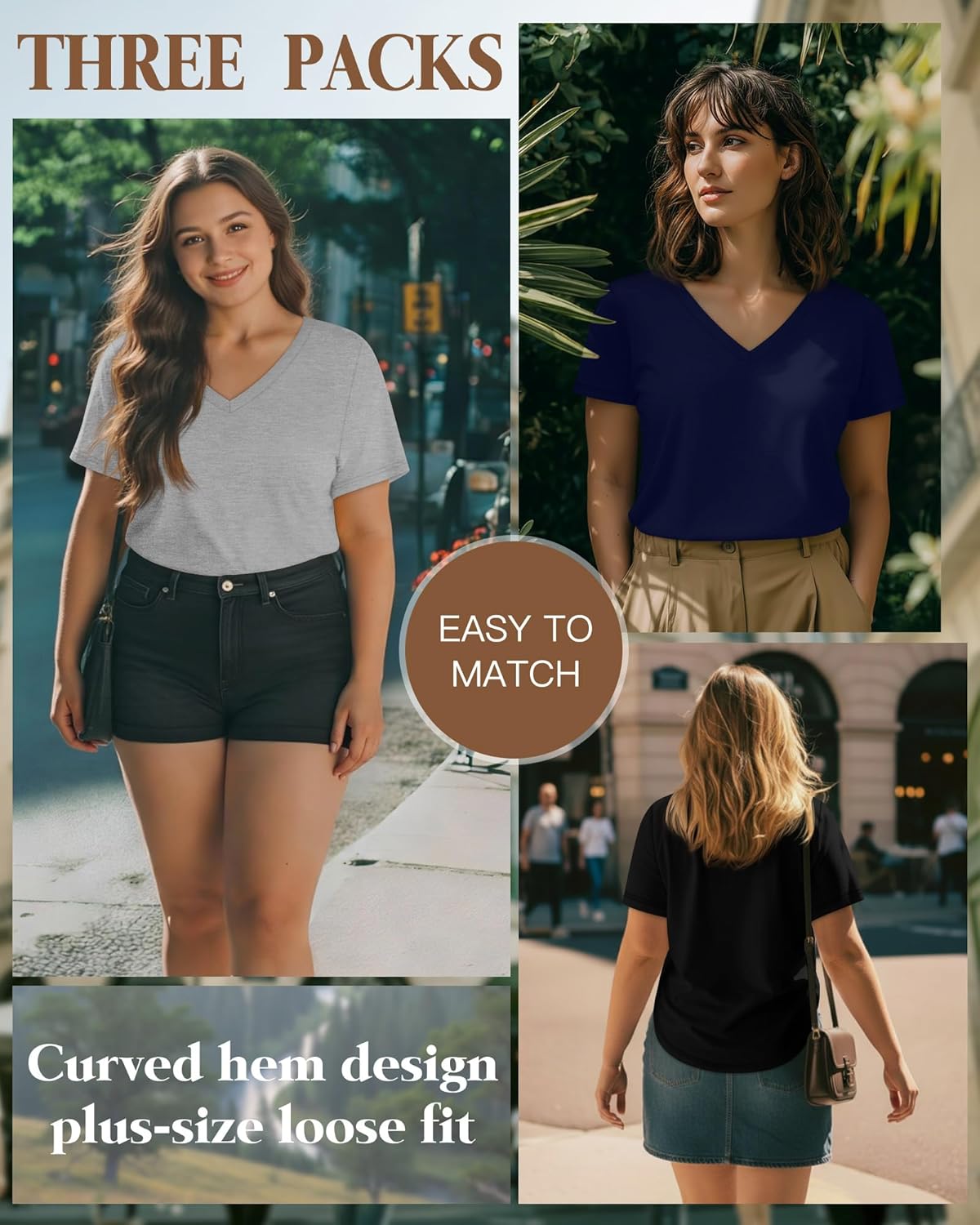 3 Pack Women's Plus Size T-Shirts, V Neck Short Sleeve Shirts Loose Fit Curved Hem Tees Casual Swing Tops - Image 6