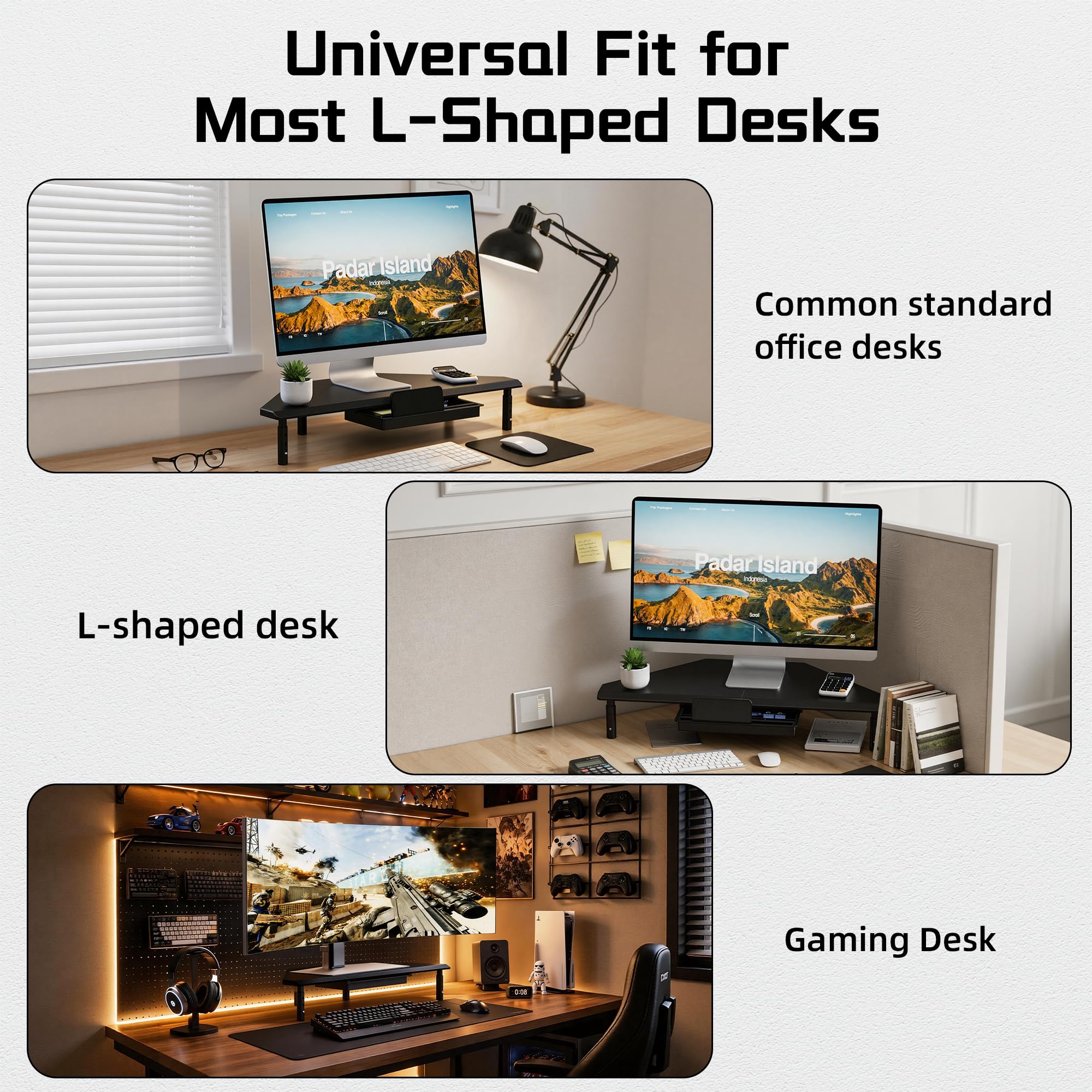 ETHU Supporto triangolare per monitor con cassetto, regolabile in altezza, per PC/laptop, supporto ergonomico per computer desktop, supporta 20 kg, nero