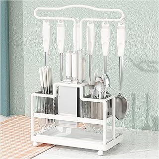 Dxcaicc Countertop Utensil Holder,Kitchen Tableware Utensil Holder with Drain Tray,Knife Storage Shelf,Space Saving Cooking Tools Holder,Carbon Steel 2 Tier Rack for Kitchen,White