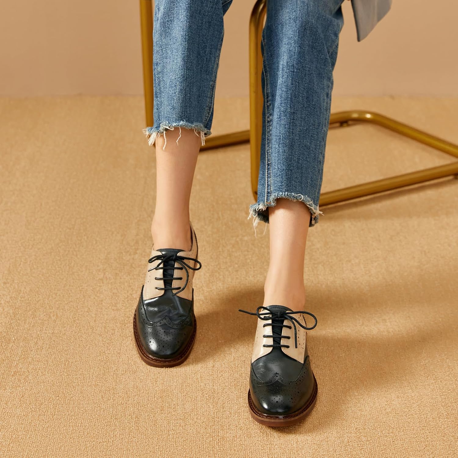 BEAU TODAY Oxford Shoes for Women,Leather Brogue Dress Shoes,Comfort Brethable Ladies Lace-up Handmade Wingtip Shoes for Business Work - Image 3