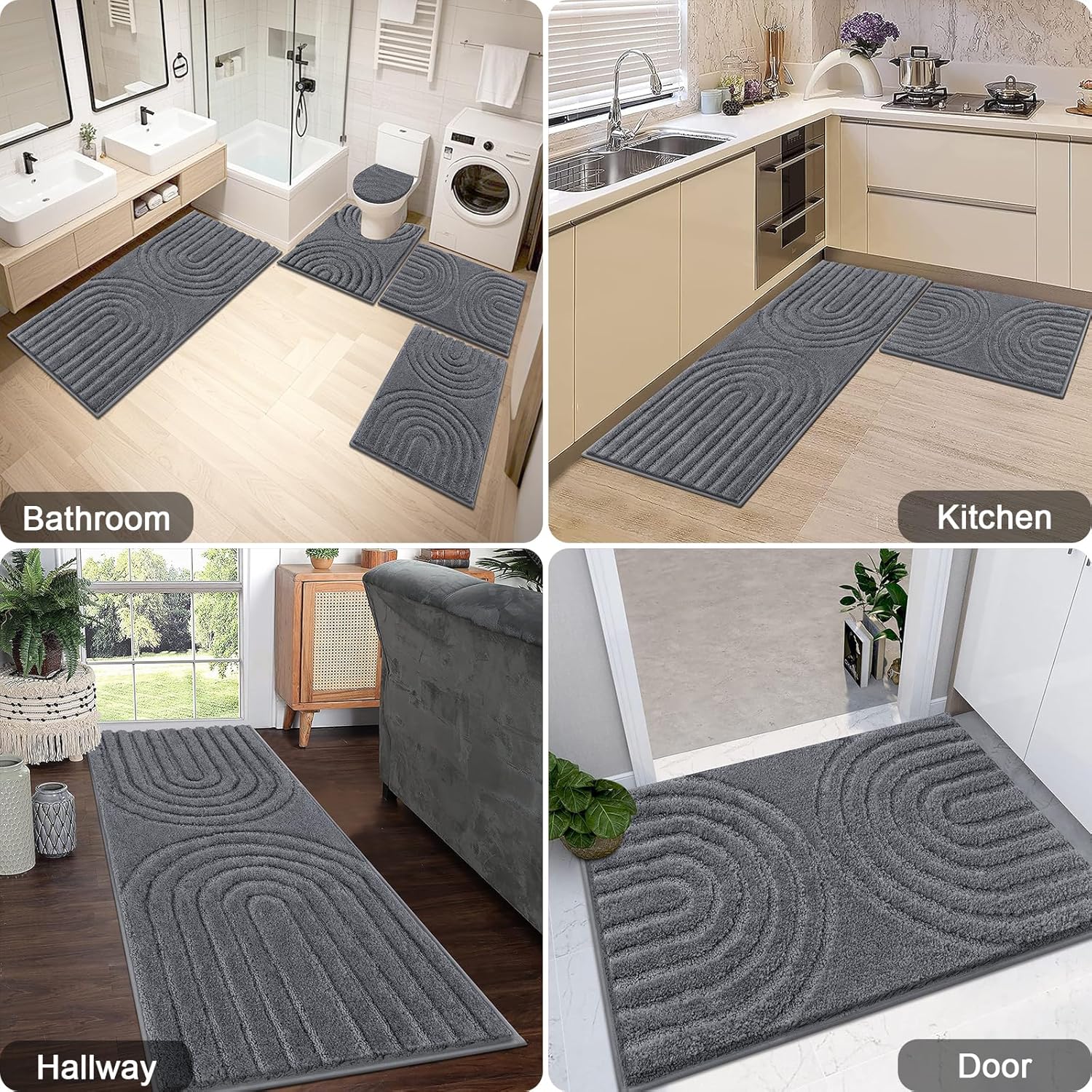 HEBE Bathroom Rugs Set 5 Piece, Plush Absorbent Bath Mats for Bathroom, Non Slip Machine Washable Bath Mat Set with Toilet Cover, Bath Runner and U-Shaped Contour Toilet Rug, Dark Grey