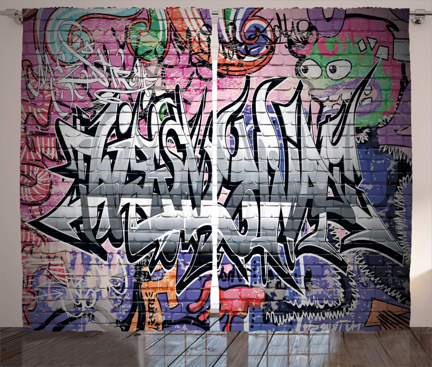 ABAKUHAUS Urbano Cortina, Graffiti Arte de la Pared de Grunge, Sala de Estar Dormitorio Cortinas Ventana Set de Dos Paños, 280 x 245 cm, Rosa Gris