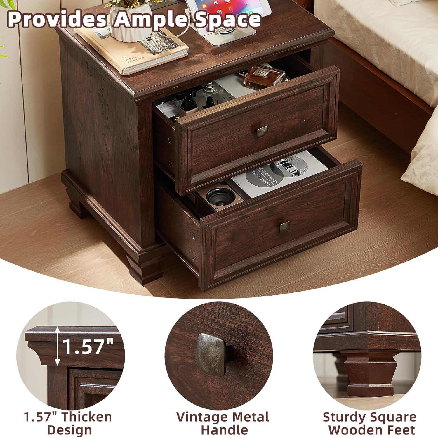 Farmhouse Nightstand with Charging Station, Rustic Low Night Stand with 2 Drawers, Mid-Century Modern End Table with 4 Square Solid Wood Legs, Small Dresser for Bedroom, Home, Walnut