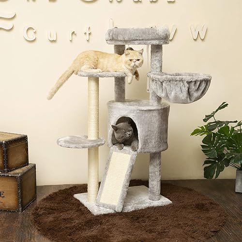 Miniatura 2 de Hey-brother Cat Tree with Scratching Board, Cat Tower with Padded Plush Perch and Cozy Basket, Multi-Platform for Jump, Light Gray MPJ005W