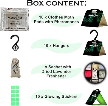 10 Pheromone Clothes Moth Traps, Carpet Moth Trap + Lavender Freshener + 10 Glowing Pads + eBook with Moths Prevention & Protection Techniques, Cloth Moths Monitoring Traps Detecting Activity