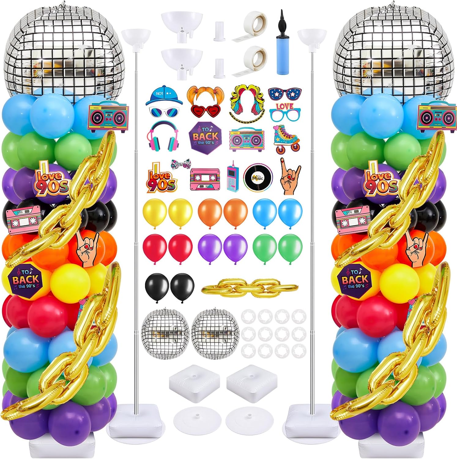 Gejoy 2 Set 80s 90s Balloon Column Stand Kit with 153 Pcs Disco Balloons 19 Pcs 80s 90s Cards 6.5 ft Adjustable Tower Pillar with Metal Telescopic for Disco Party Decorations