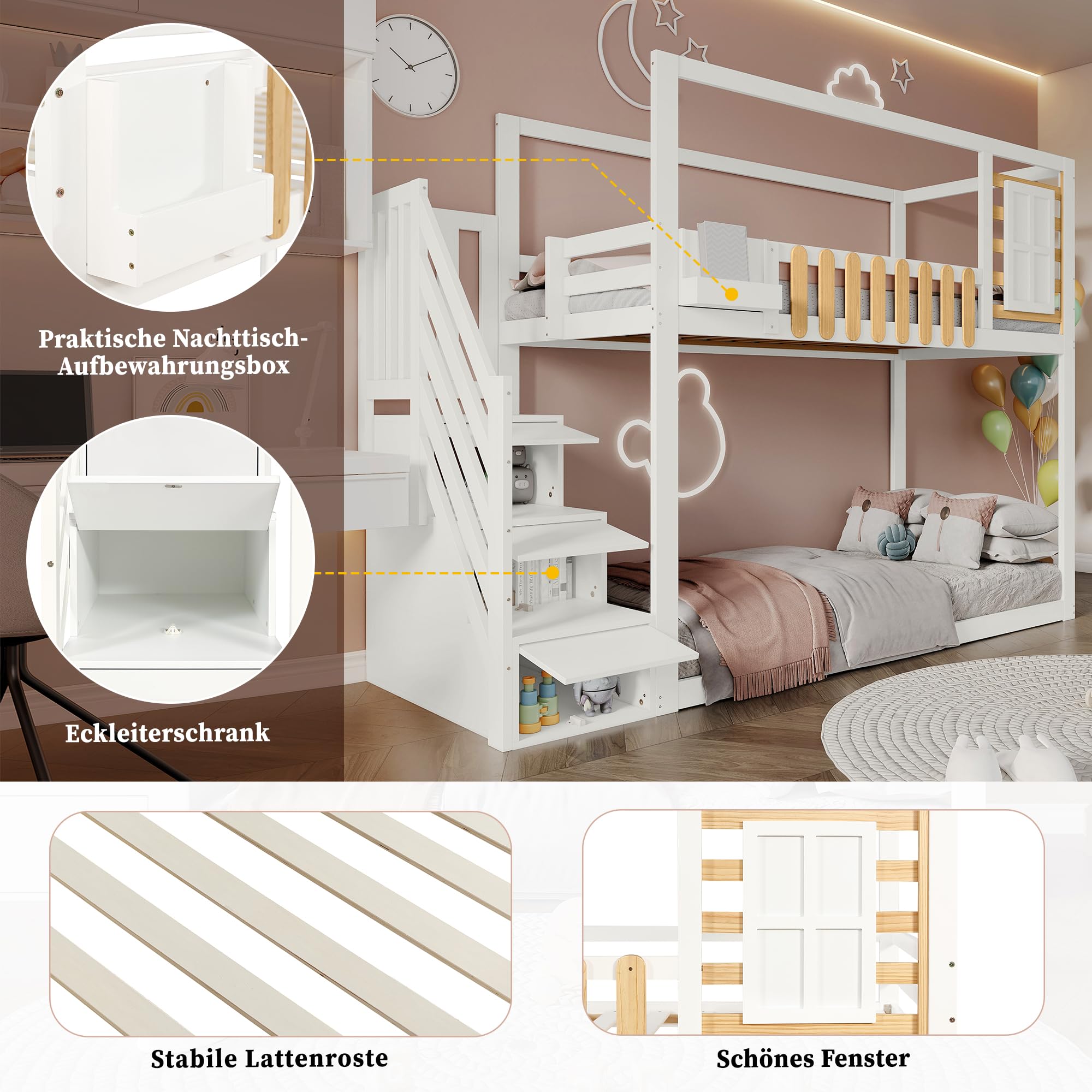 Aoskem Kinderbett Etagenbett 90x200 cm für 2 Kinder, Hochbett Hausbett mit Treppe Stauraum, Holzbett mit Fenster & Gitter, Bettgestell Kinderbett mit Rausfallschutz & Lattenrost, Ohne Matratze, Weiß