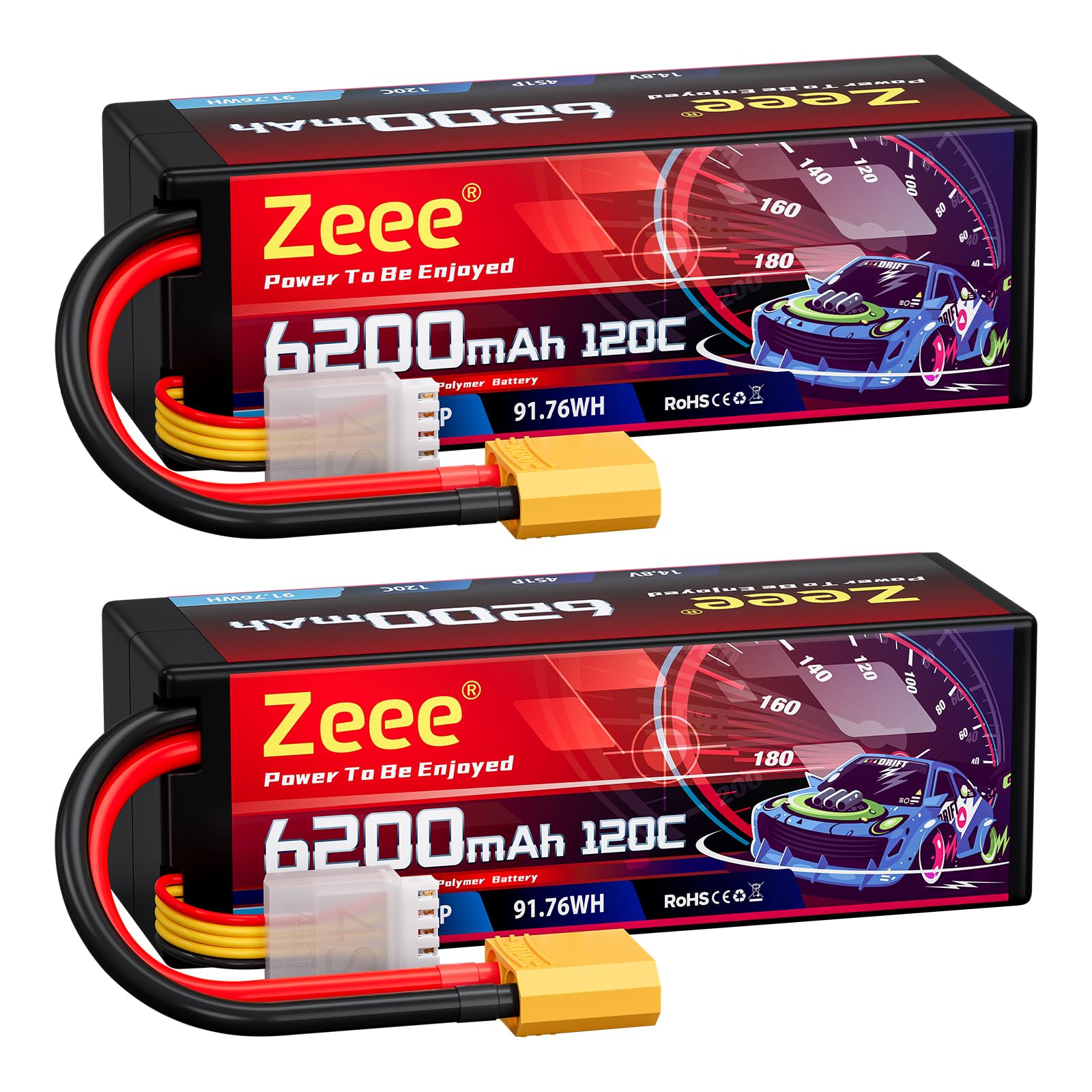 Zeee 4S Lipo 6200mAh 14,8V 120C Hartschalen mit XT90 Stecker(2 Packungen) | RC Batterie für Auto LKW Panzer RC-Buggy Truggy RC-Modelle