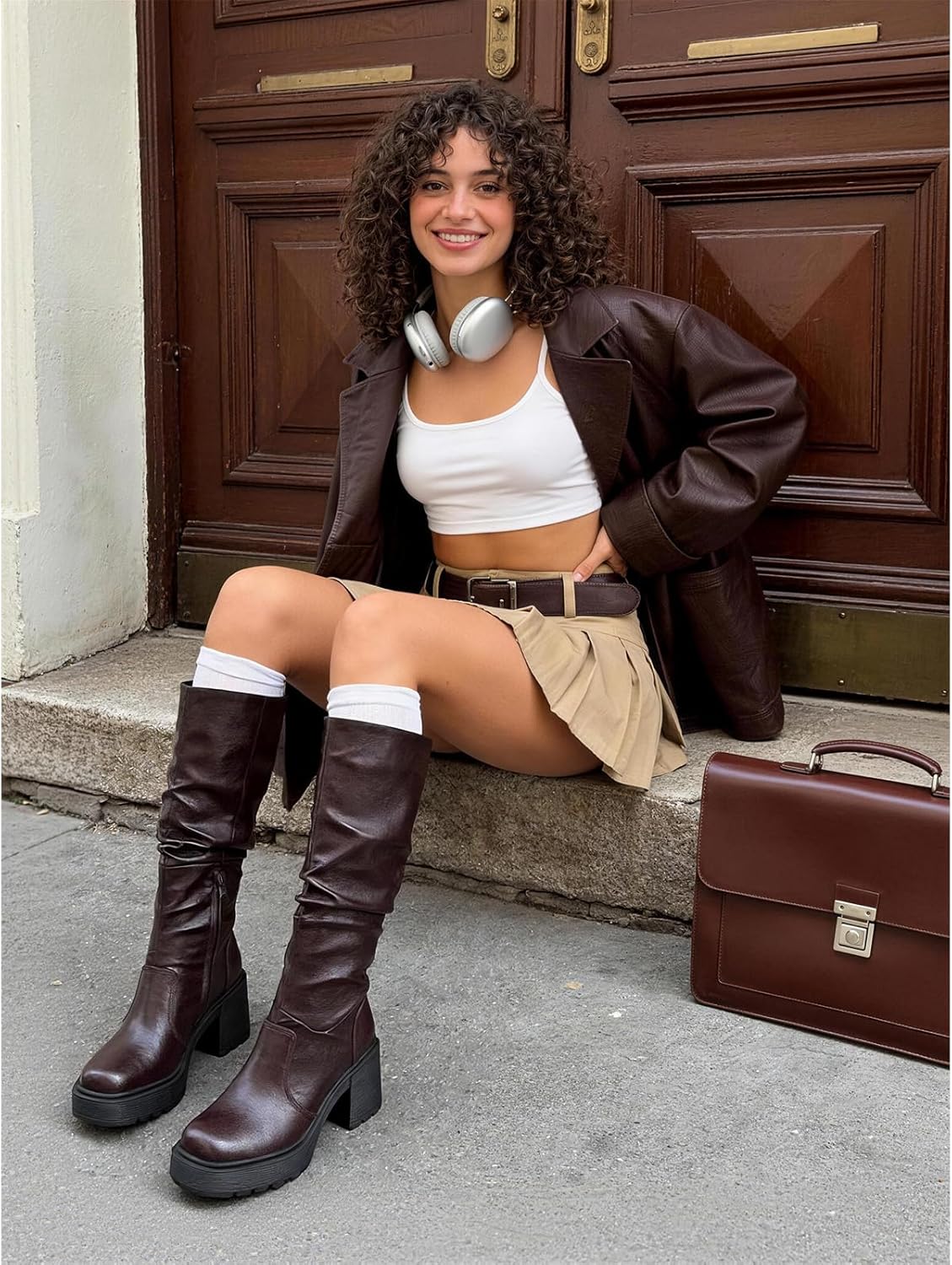UBWDU Platform Boots Campus Knee High Boots Women Side Zipper Chunky Tall Boots Block Heel Square Toe Long Leather Booties