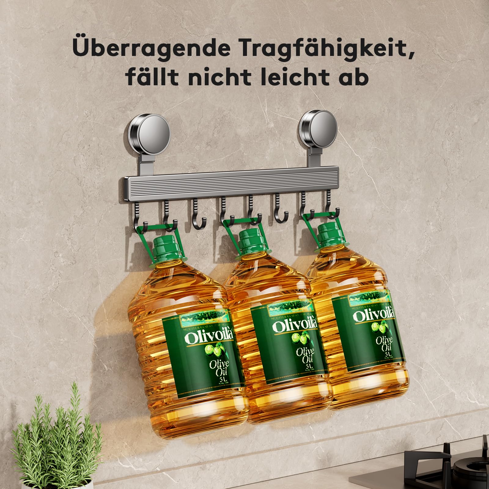 FERCOSEN Kitchen Hook Rack No Drilling with Suction Cup | 12 Hooks, 60 cm Long, 20 kg Load Capacity, 1 Minute Installation | Removable Rustproof Hook Rail for Kitchen Utensils - Image 3