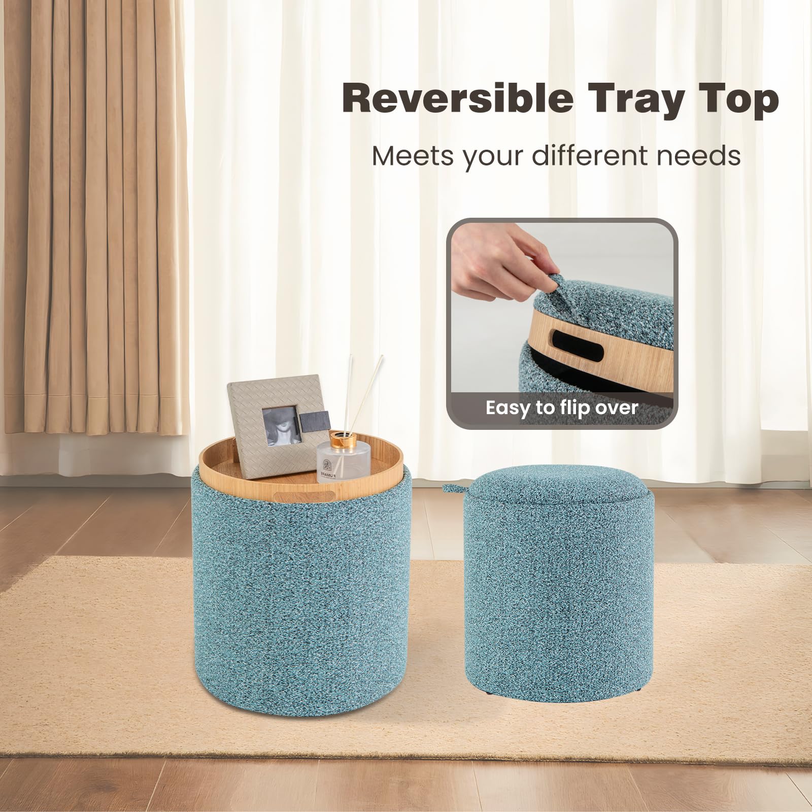 HOMASIS Set di 2 Pouf Contenitore Rotondo, Puff Poggiapiedi con Coperchio Reversibile e Maniglie Laterali, Sgabello Contenitore per Soggiorno, Camera da Letto, Azzurro