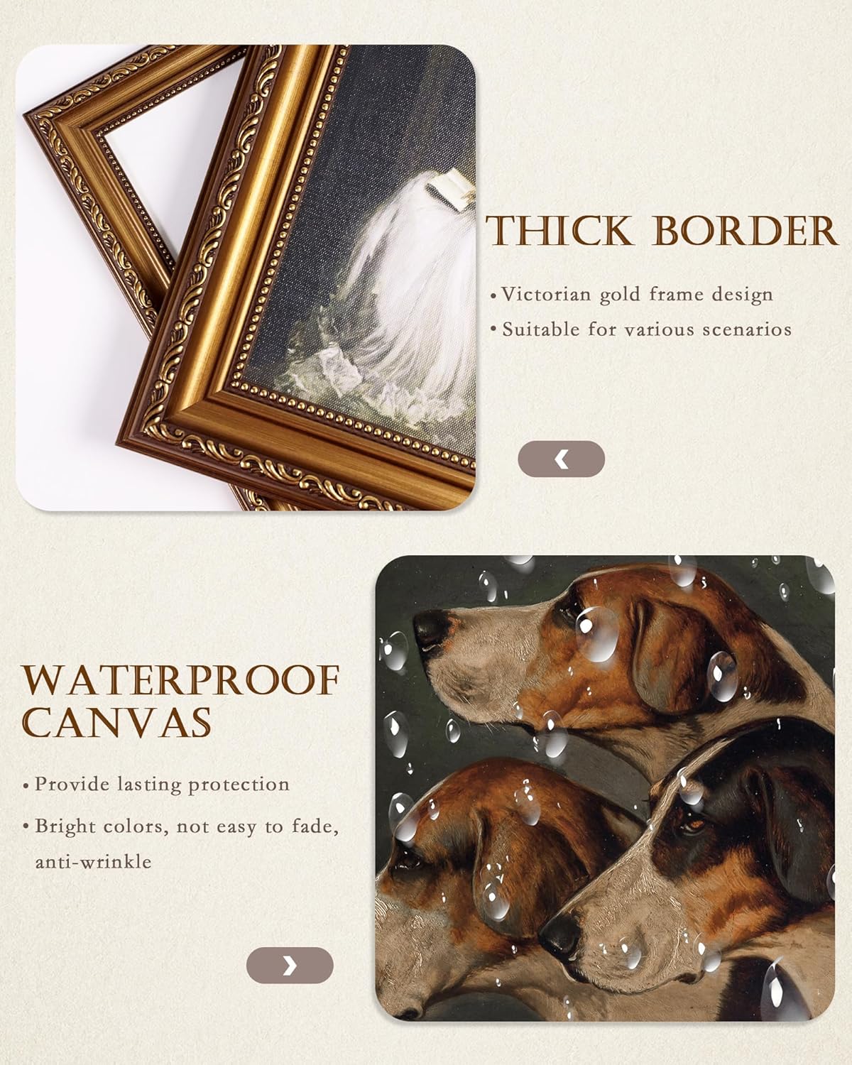Vodefoad Vintage Three English Foxhounds Gold Framed Animal Wall Art Retro Dog Oil Prints Painting Rustic Old Hunting Hound Picture Wall Decor for Bedroom Living Room, Gallery Winter Room Decor Holiday Decoration Gifts - 9x12inch