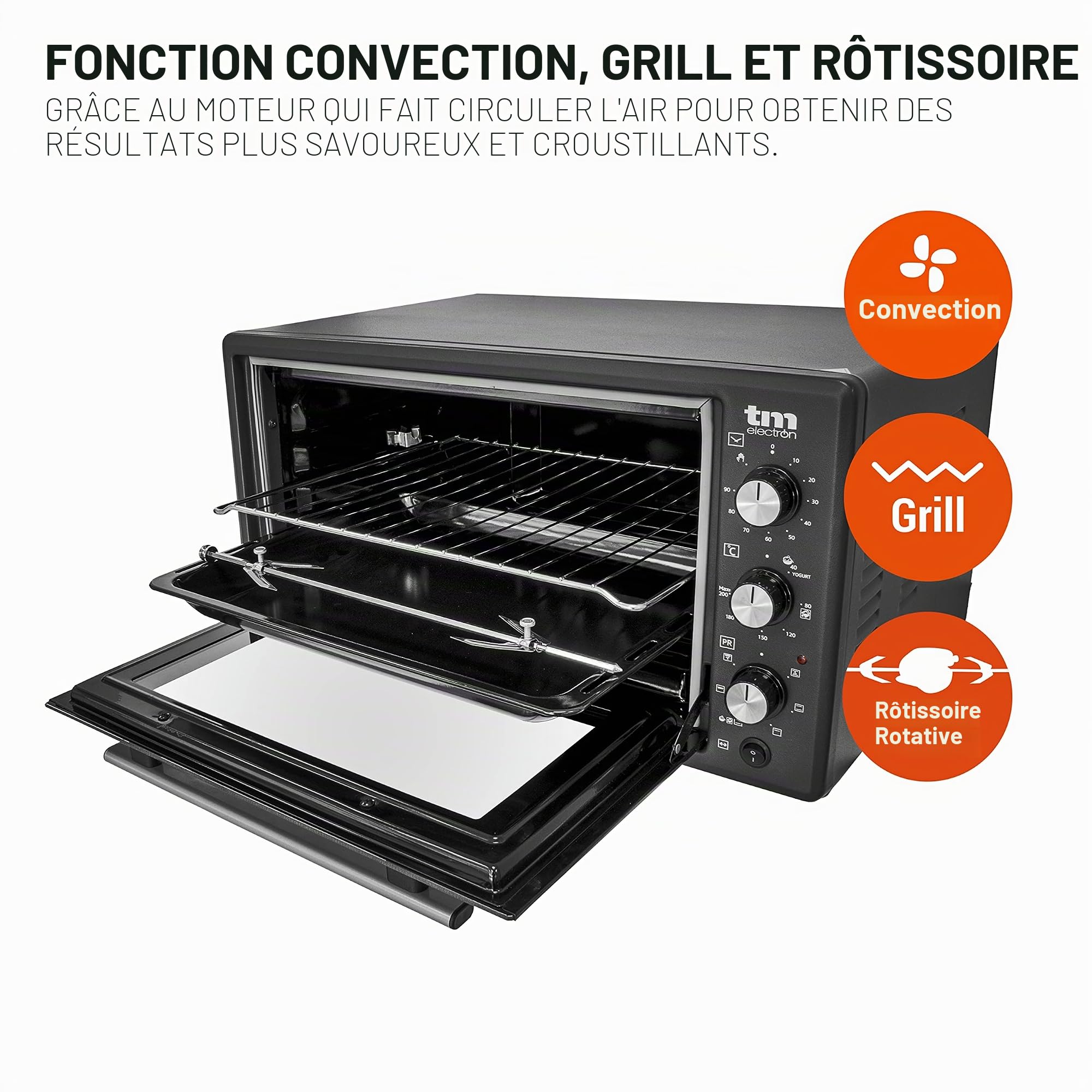 TM Electron TMPHO045 Four à convection de table, 6 fonctions, capacité de 45 litres, minuterie 90 minutes, température réglable de 80° à 250°, 1400 W