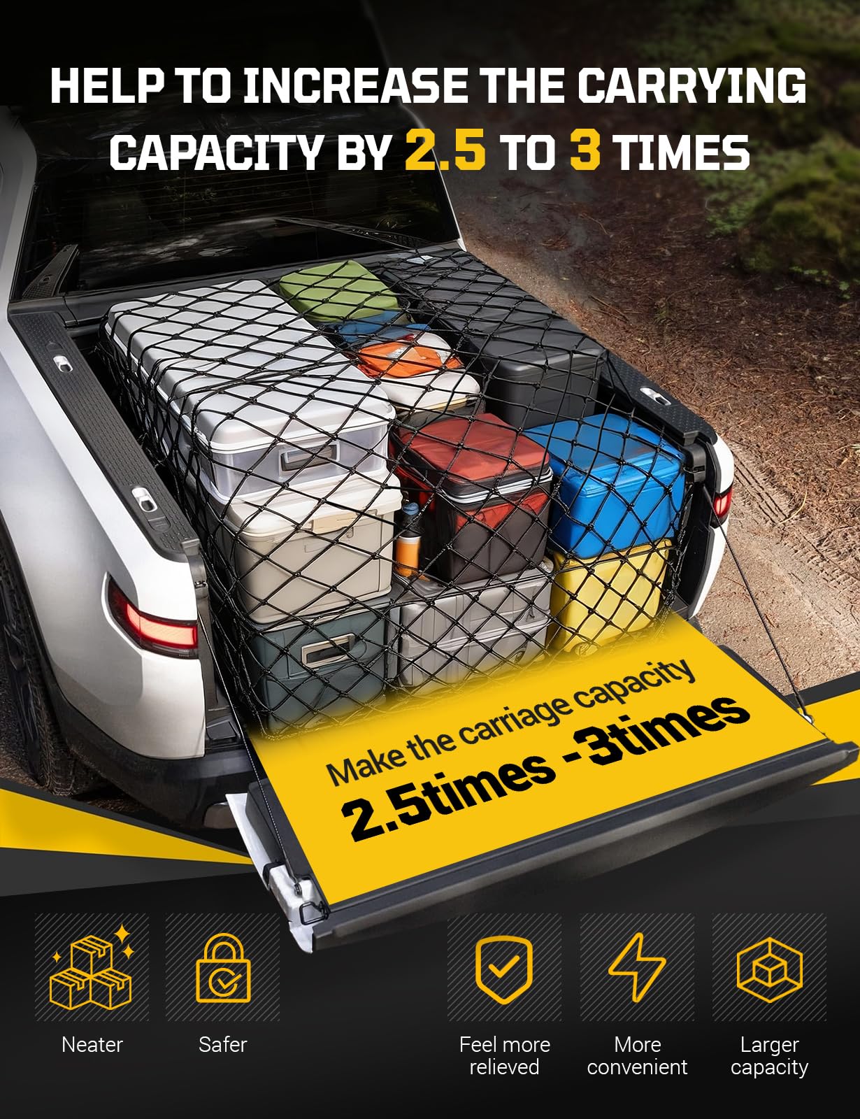 AUTOWN Rete da carico per letto pick-up – estensibile da 10,2 x 15,2 cm a 20,5 x 30,5 cm con rete da 10,2 x 10,2 cm, resistente corda elastica da 10 mm con 12 moschettoni in metallo, ideale per ATV