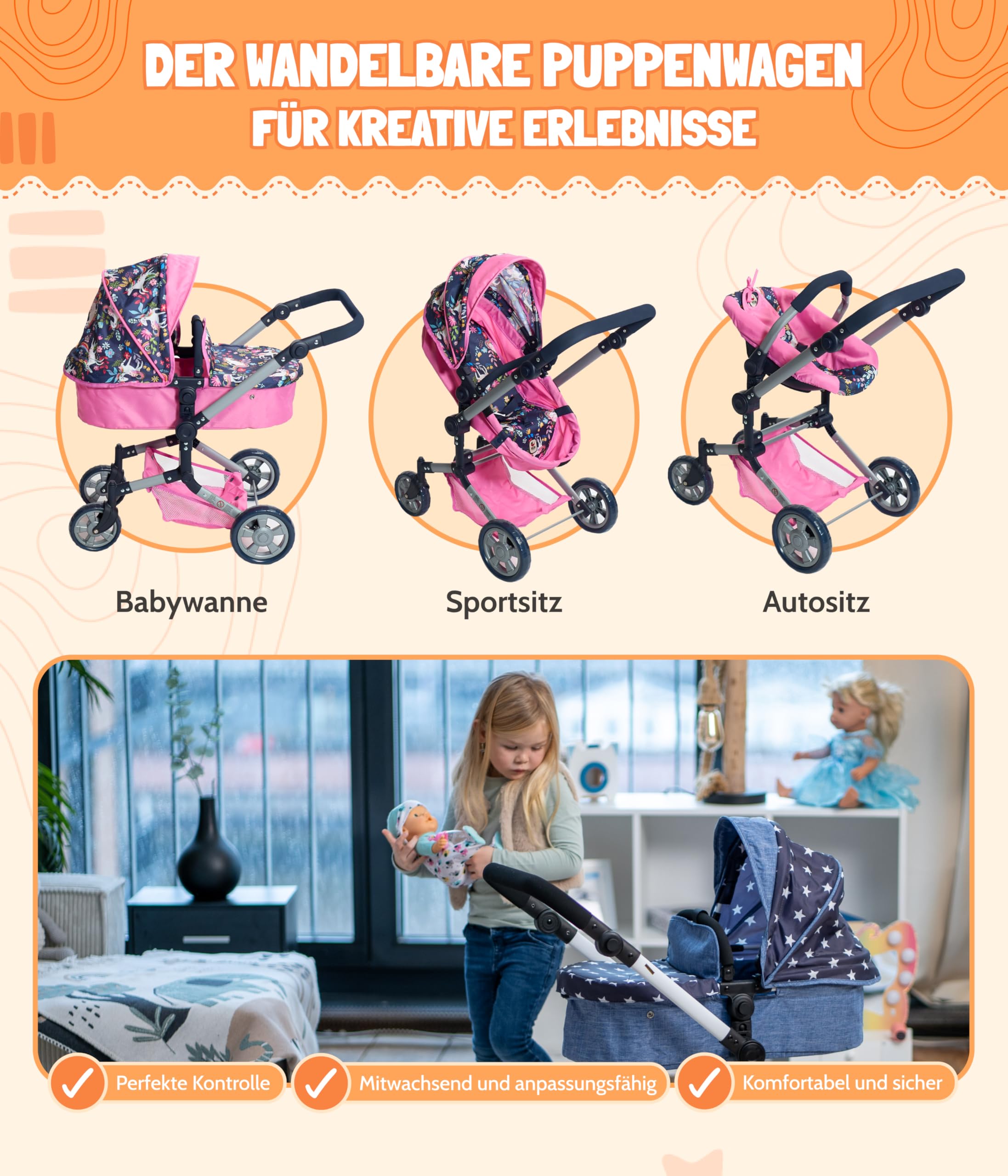 Bayer Chic 2000 Puppenwagen Linus | 3in1 Kombi-Buggy Set Einhorn Navy-Pink | Großes 3in1 Kombi-Puppenwagen Set mit Soft-Tragetasche & Autositz für Puppen bis 52 cm. Einhorn Navy-Pink, Griff 47-78 cm.
