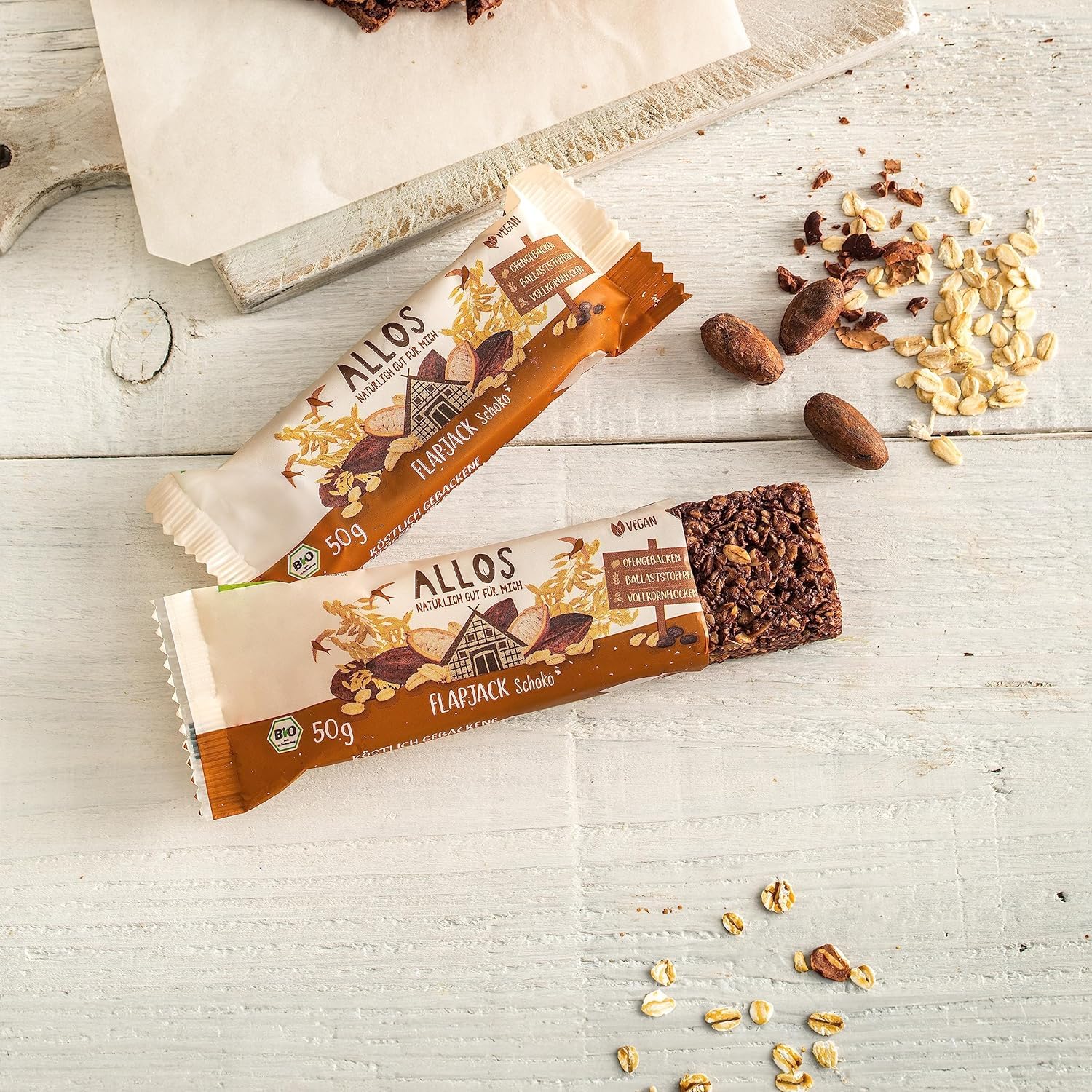 Allos Hafer Flapjack Schoko | Bio Energieriegel vegan | 16 x 50g | Saftiger Hafer-Riegel mit Schoko | vegan | Sport- & Energieriegel für unterwegs