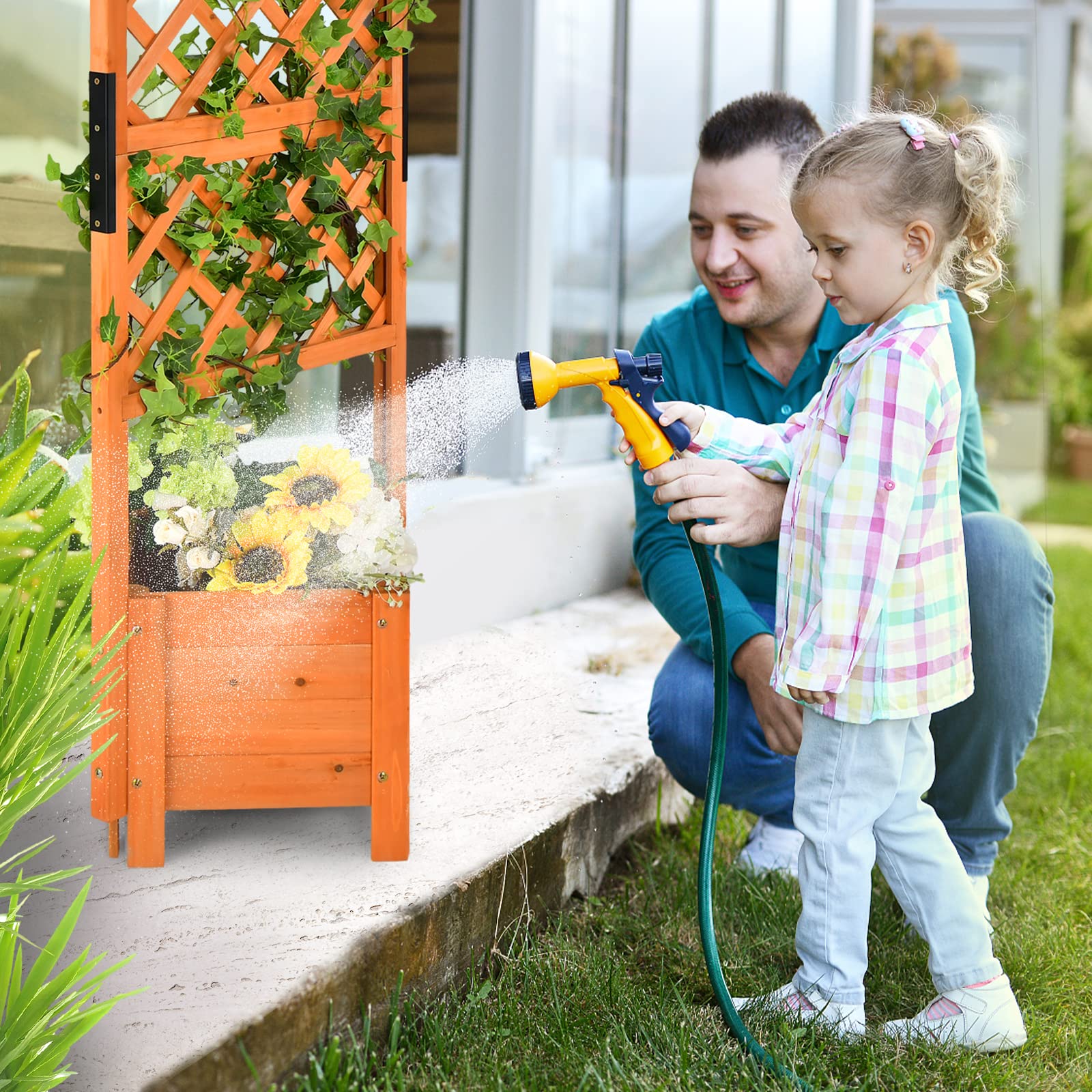 COSTWAY Letto Rialzato da Giardino con Spalliera e Traliccio | Fioriera da Esterno in Legno per Piante Rampicanti con Drenaggio da Giardino e Balcone, 54,5 x 52 x 180 cm