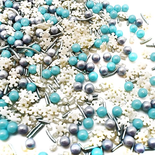 Wintertime Magic  Bolsa resellable de 4 onzas  Gránulos temáticos de Navidad  Con copos de nieve blancos, caramelos plateados, perlas plateadas y